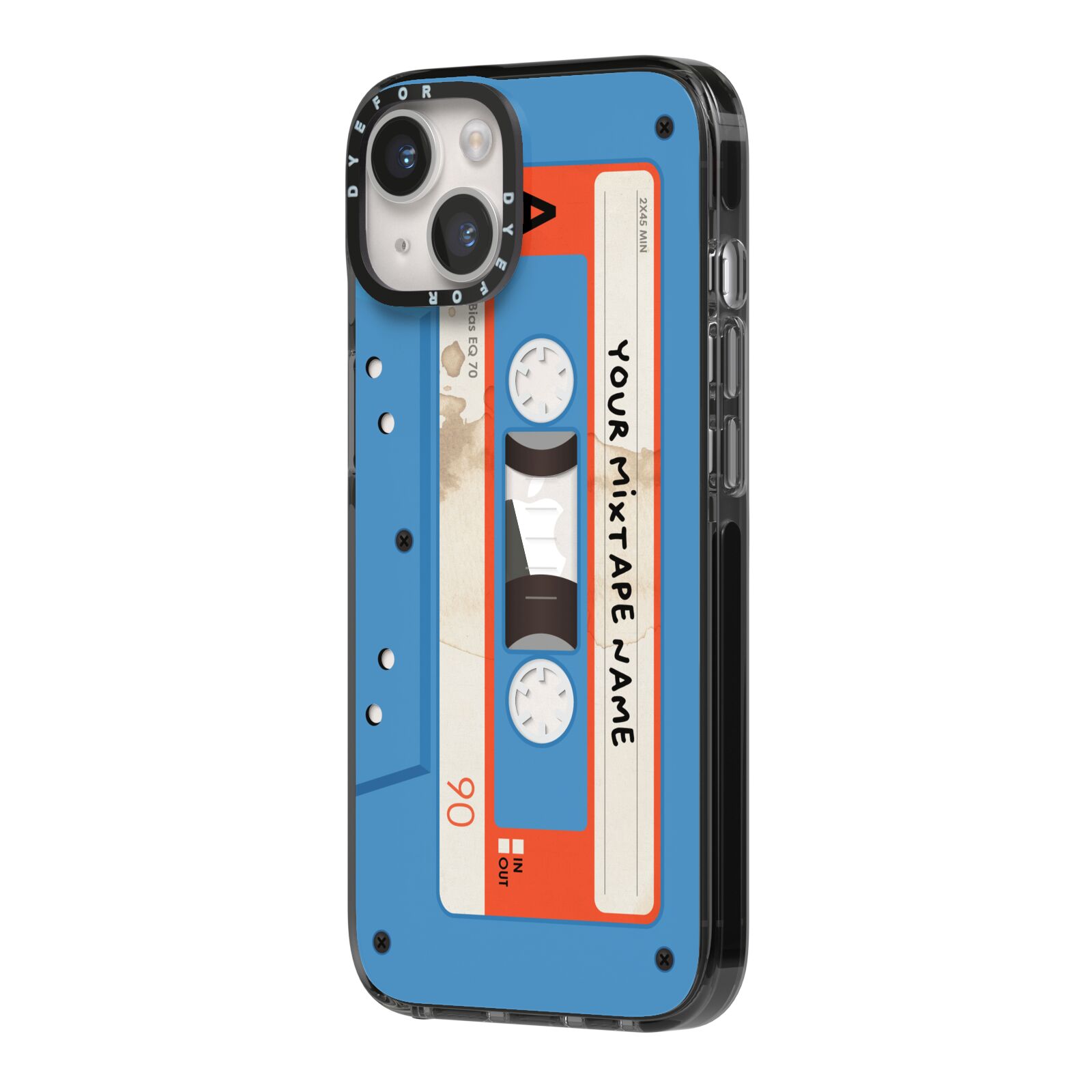 Blue Mixtape Custom iPhone 14 Black Impact Case Side Angle on Silver phone