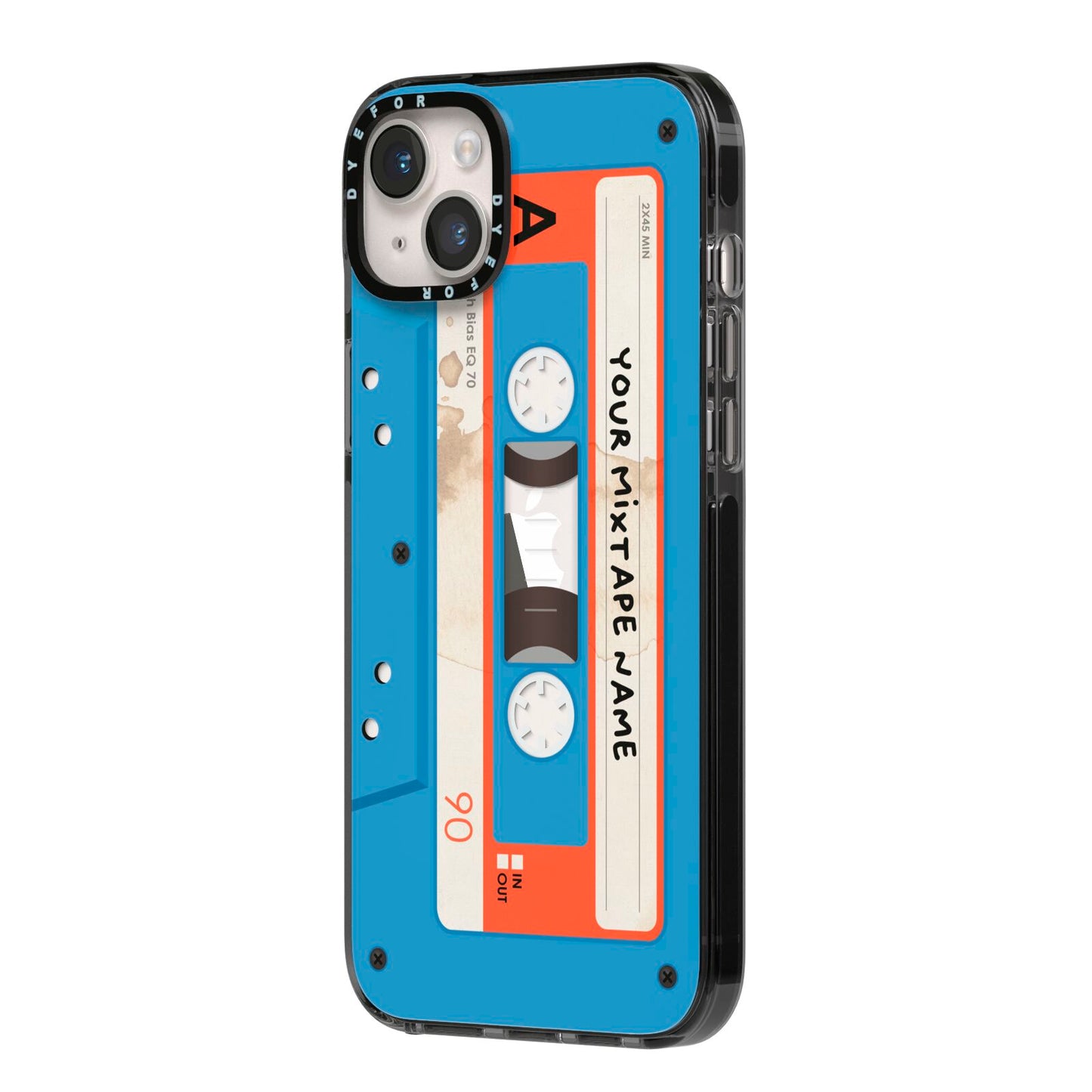 Blue Mixtape Custom iPhone 14 Plus Black Impact Case Side Angle on Silver phone