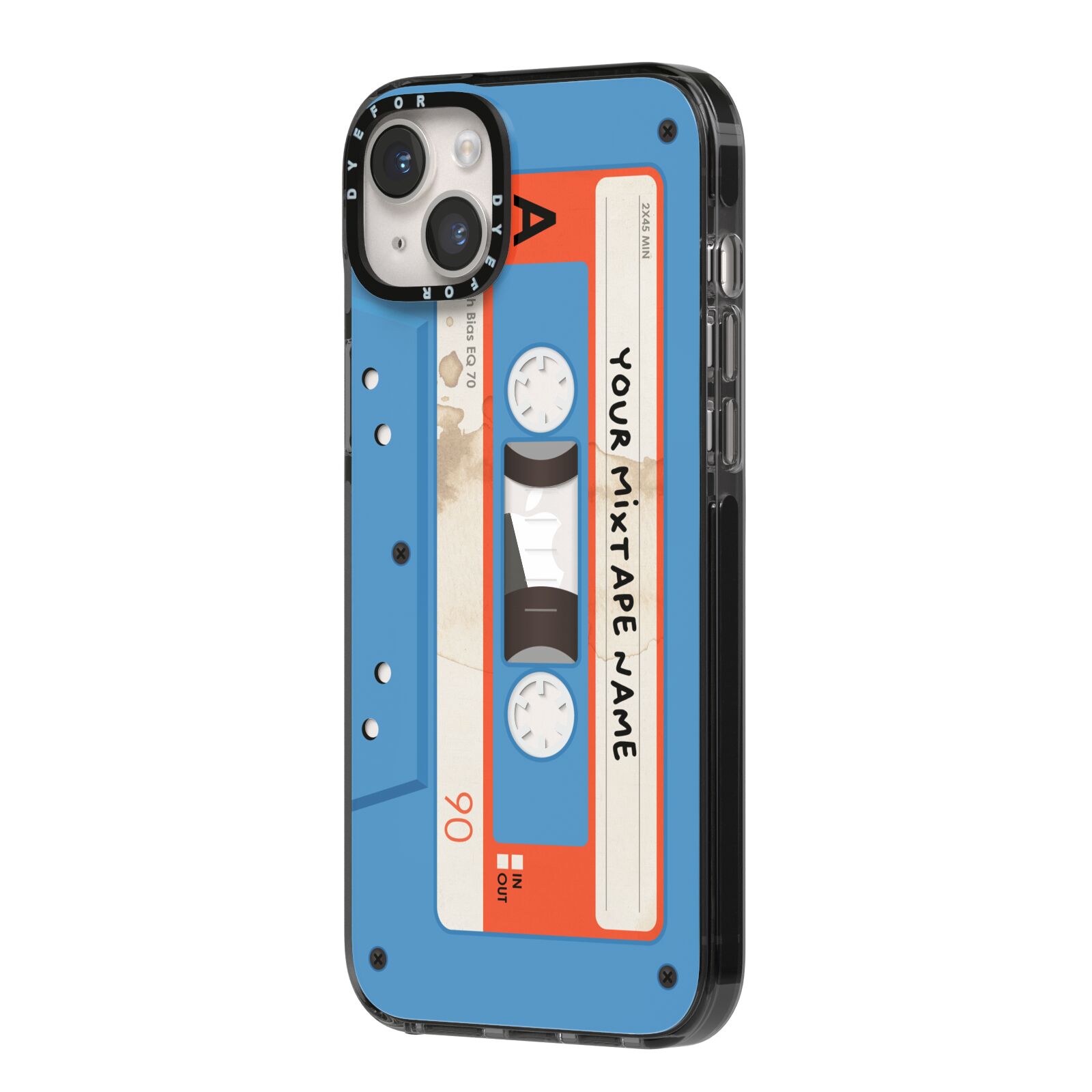 Blue Mixtape Custom iPhone 14 Plus Black Impact Case Side Angle on Silver phone