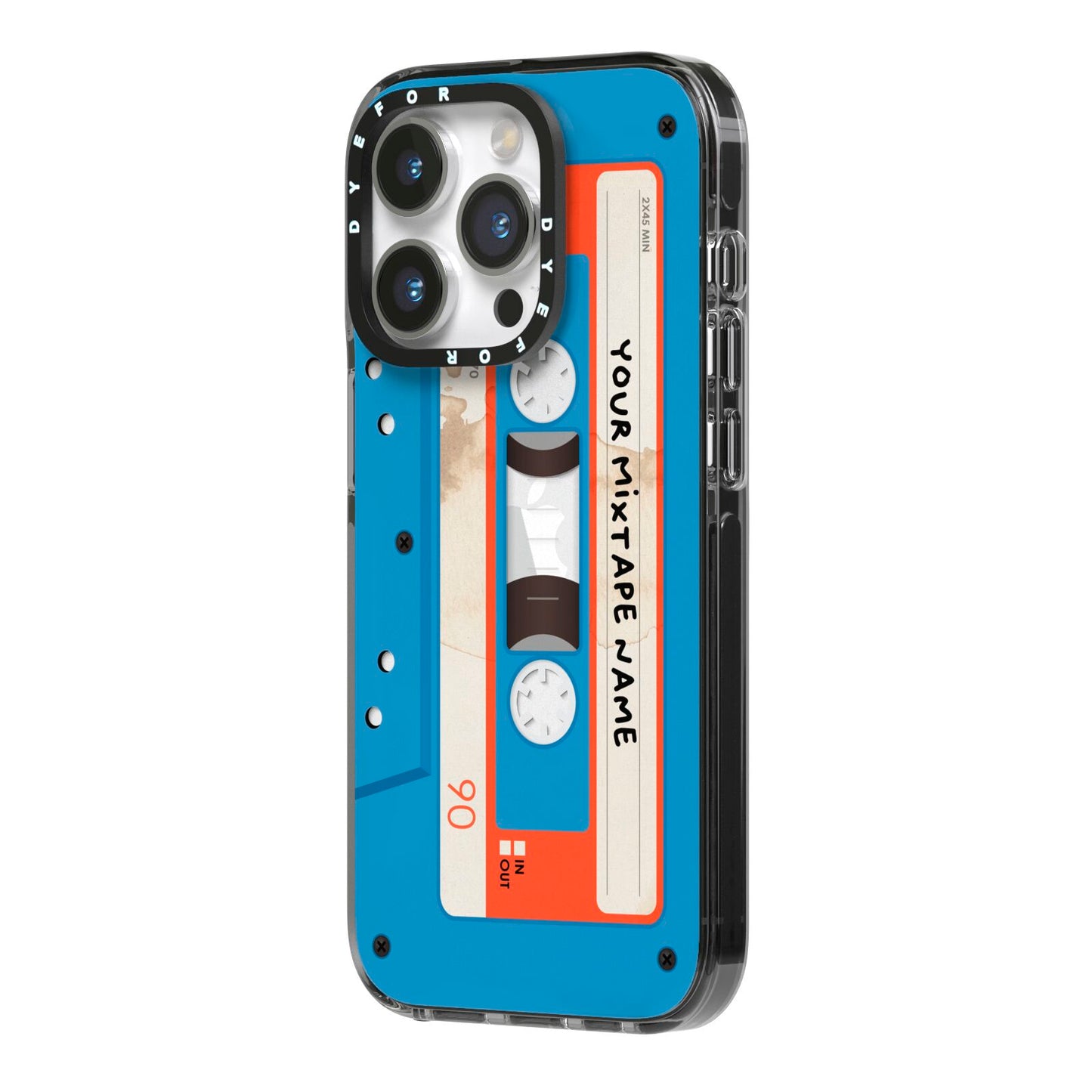 Blue Mixtape Custom iPhone 14 Pro Black Impact Case Side Angle on Silver phone