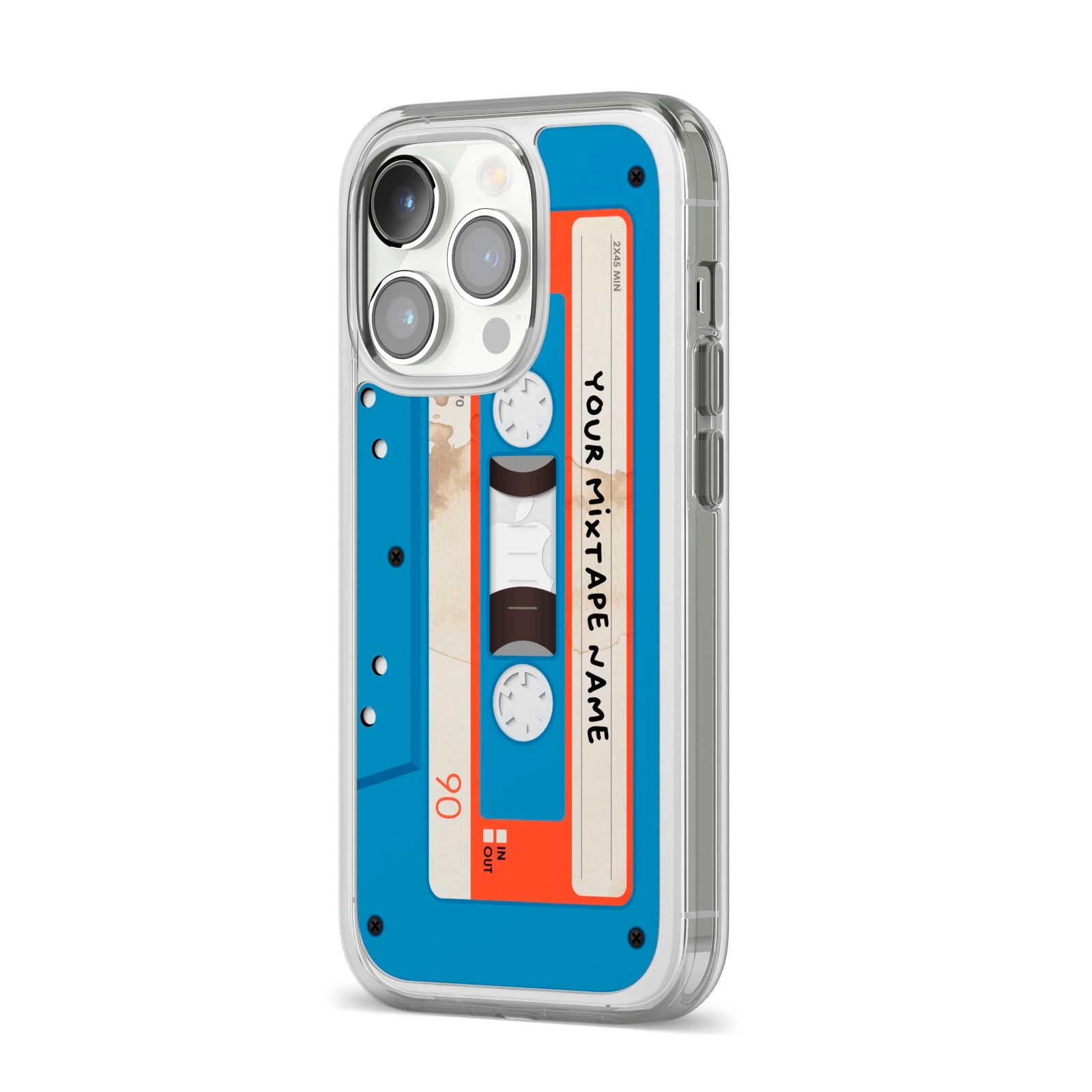 Blue Mixtape Custom iPhone 14 Pro Clear Tough Case Silver Angled Image