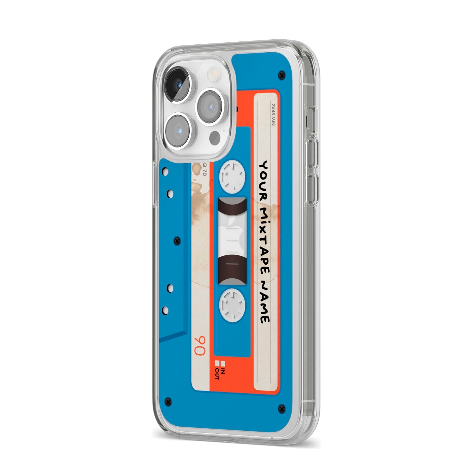 Blue Mixtape Custom iPhone 14 Pro Max Clear Tough Case Silver Angled Image