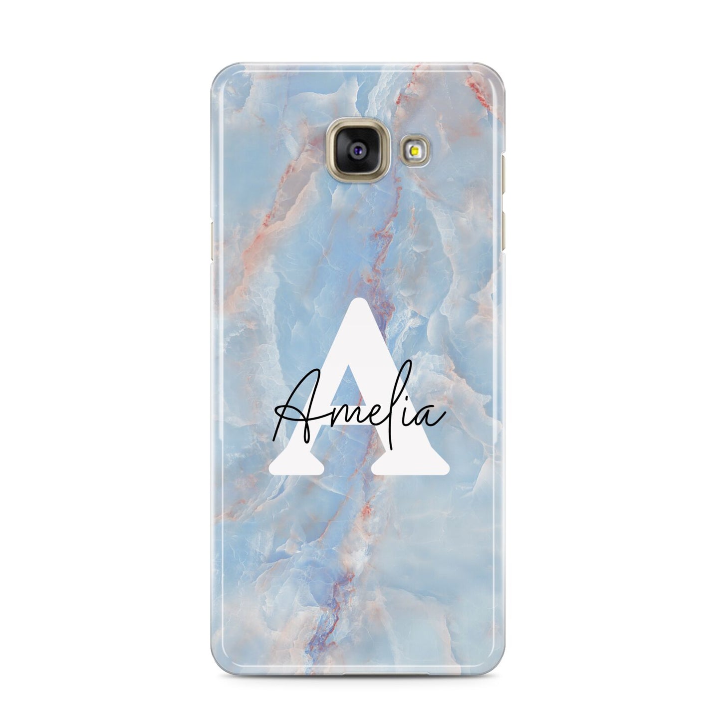 Blue Onyx Marble Samsung Galaxy A3 2016 Case on gold phone