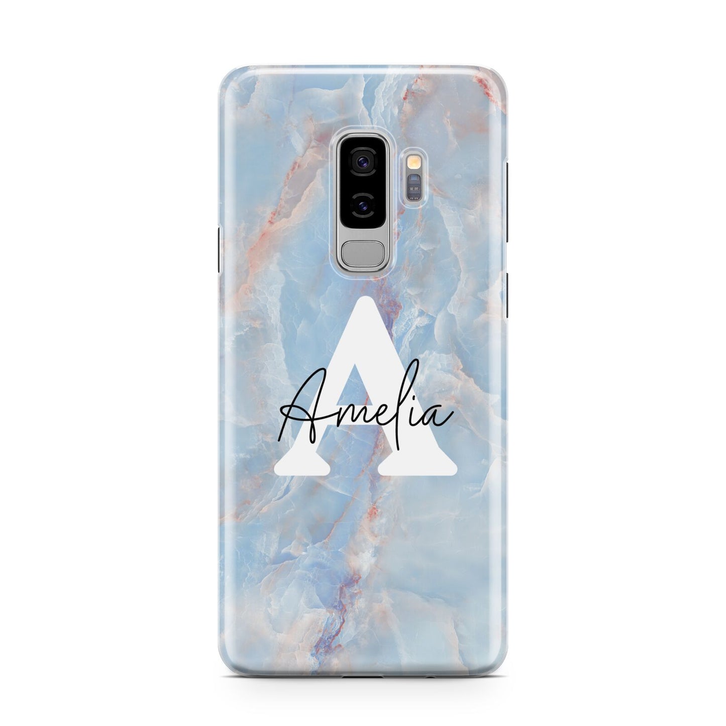 Blue Onyx Marble Samsung Galaxy S9 Plus Case on Silver phone