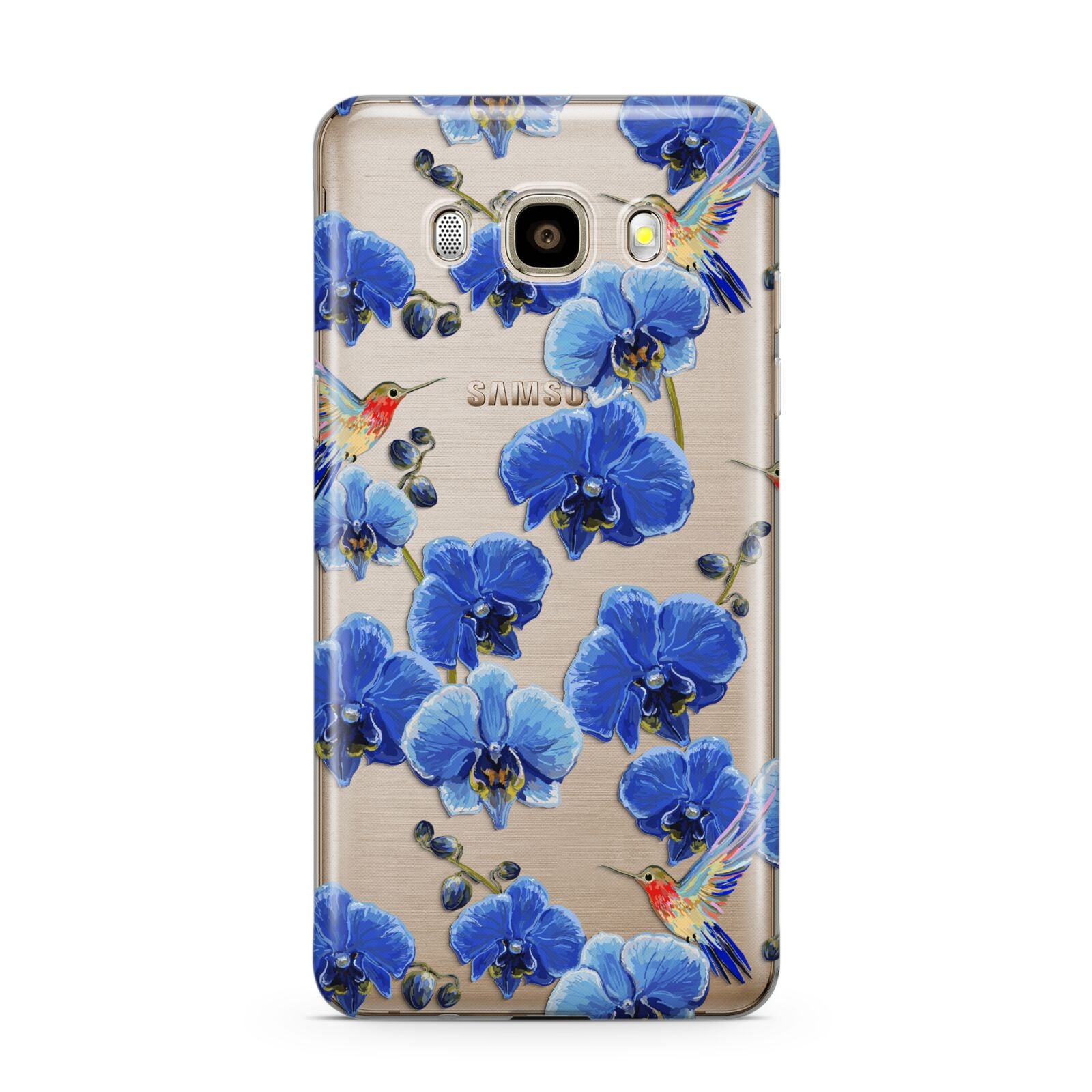 Blue Orchid Samsung Galaxy J7 2016 Case on gold phone