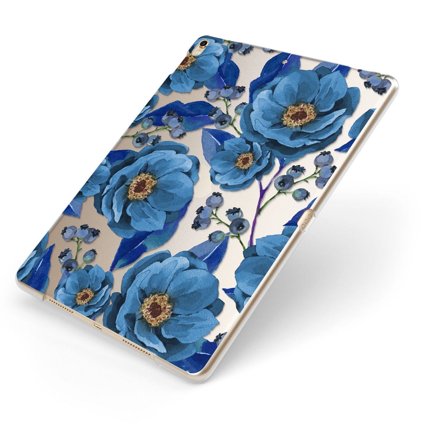 Blue Peonies Apple iPad Case on Gold iPad Side View