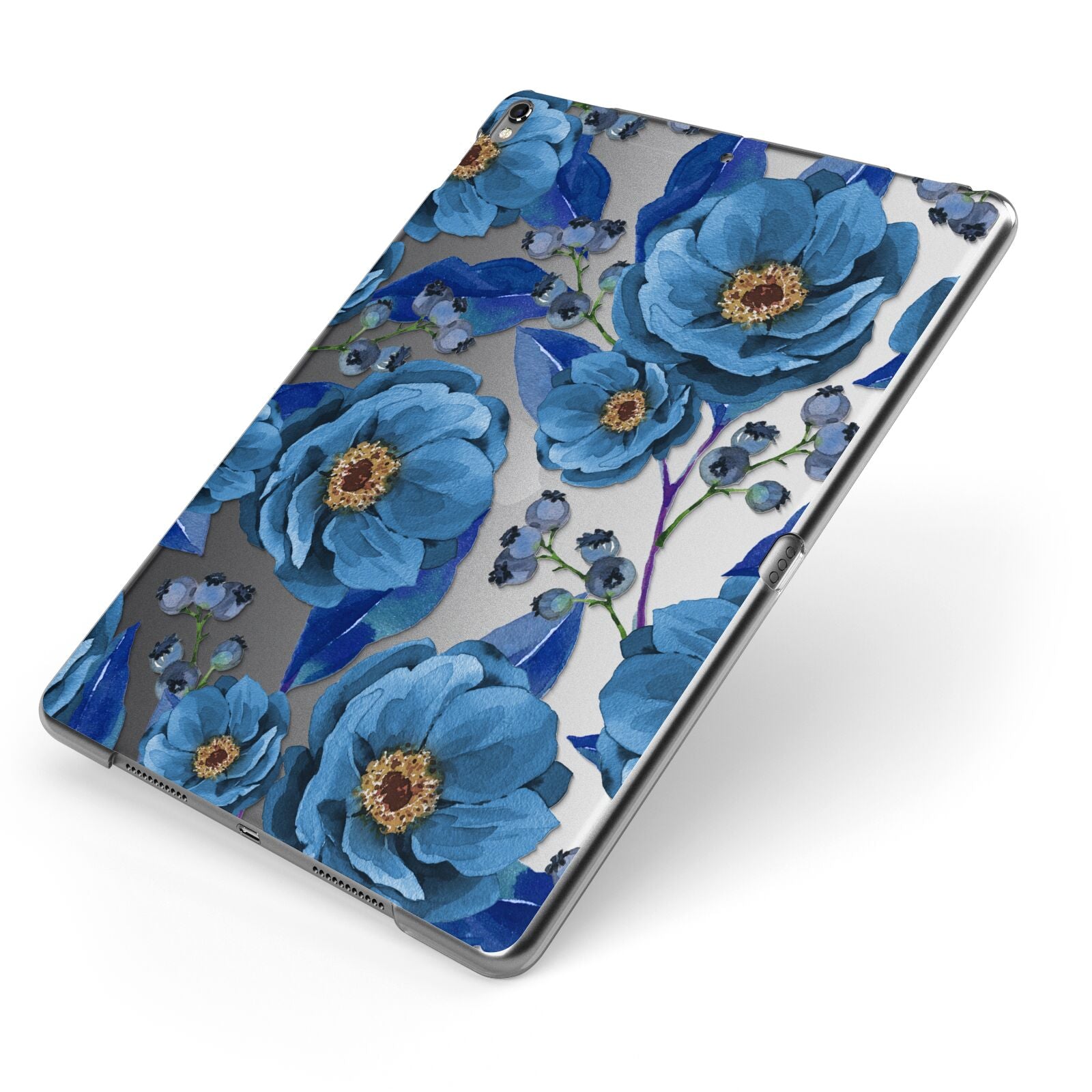 Blue Peonies Apple iPad Case on Grey iPad Side View