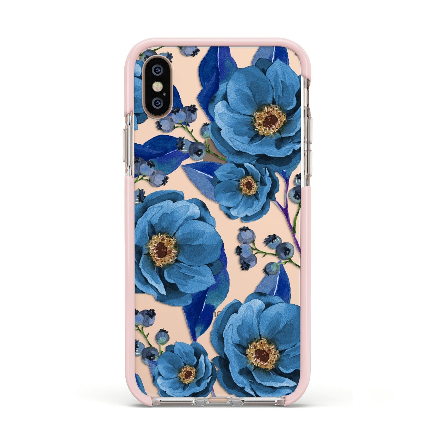 Blue Peonies Apple iPhone Xs Impact Case Pink Edge on Gold Phone