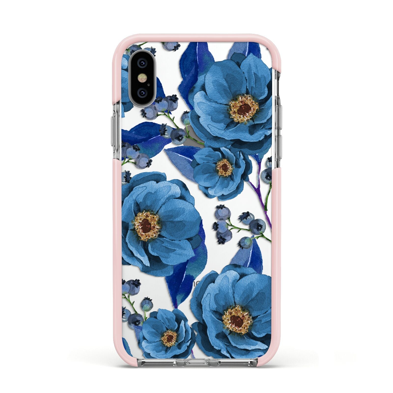 Blue Peonies Apple iPhone Xs Impact Case Pink Edge on Silver Phone