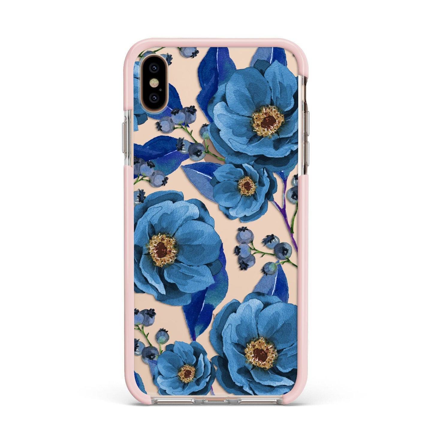 Blue Peonies Apple iPhone Xs Max Impact Case Pink Edge on Gold Phone