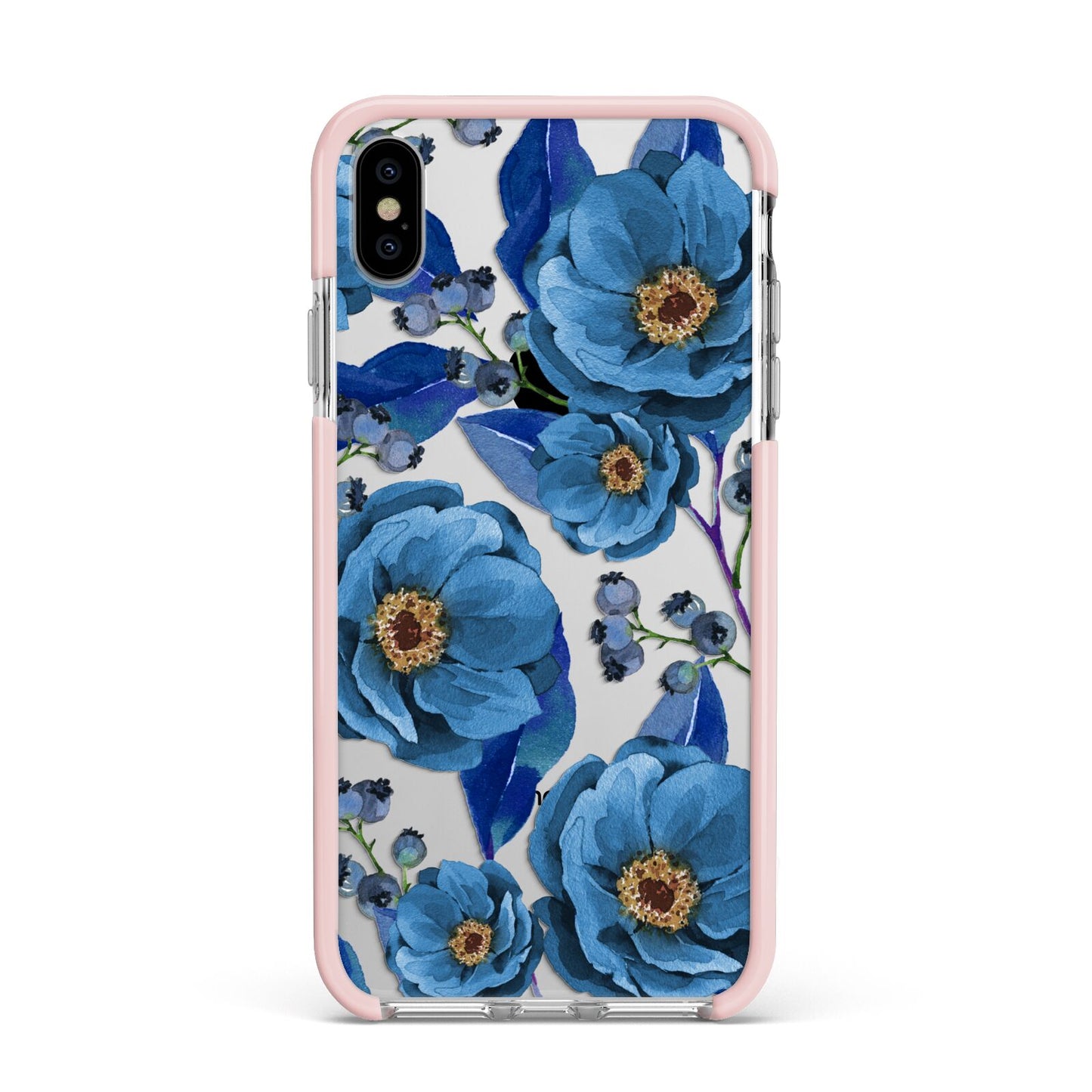 Blue Peonies Apple iPhone Xs Max Impact Case Pink Edge on Silver Phone