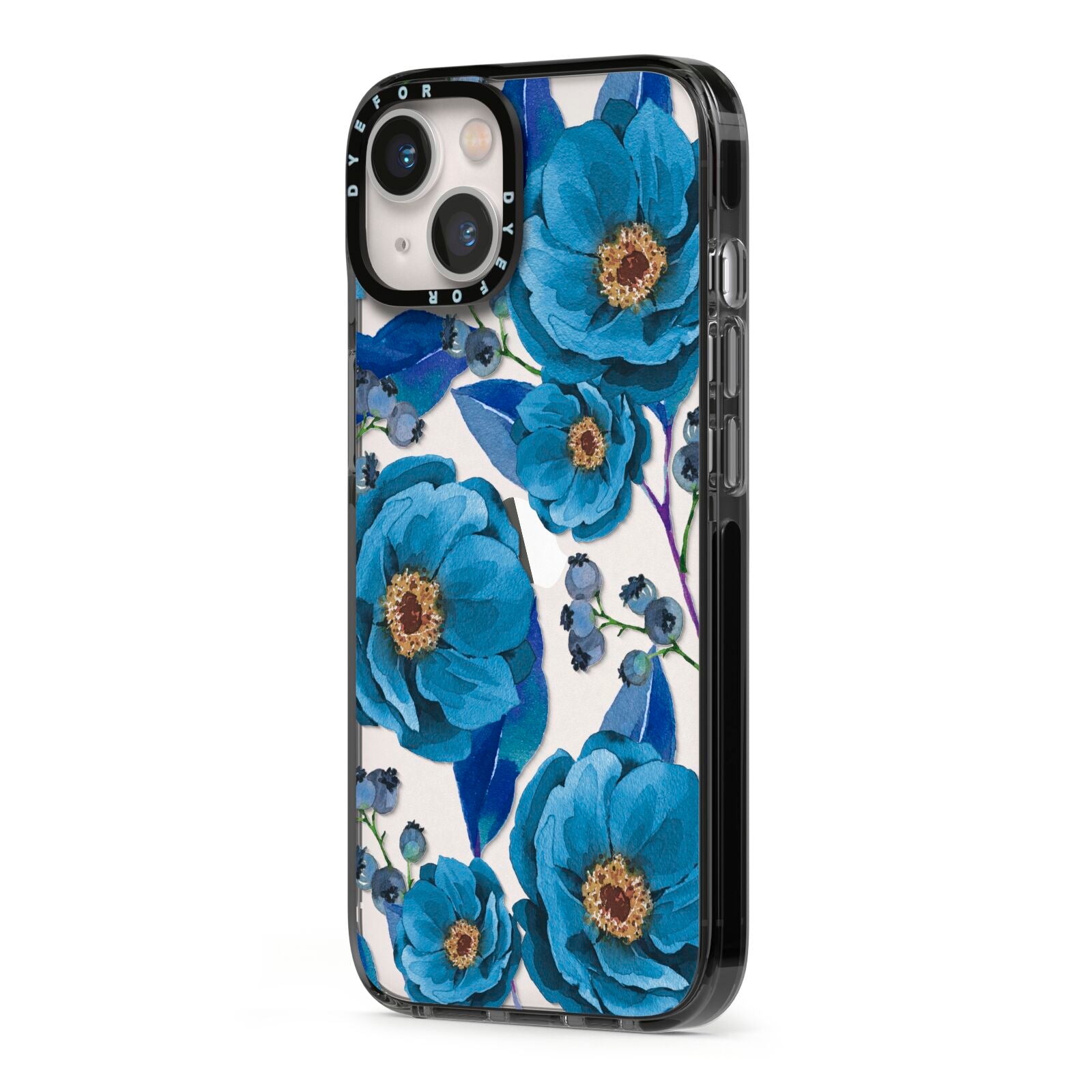 Blue Peonies iPhone 13 Black Impact Case Side Angle on Silver phone