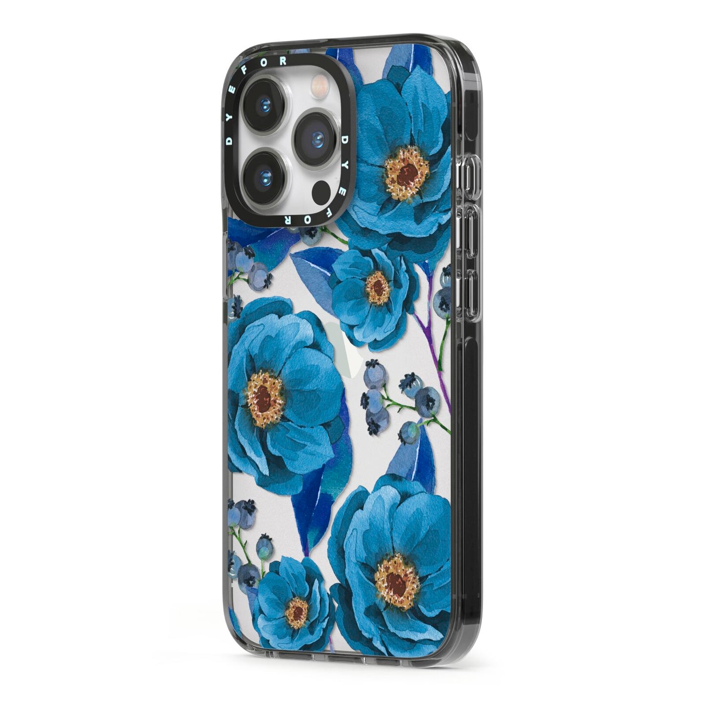 Blue Peonies iPhone 13 Pro Black Impact Case Side Angle on Silver phone