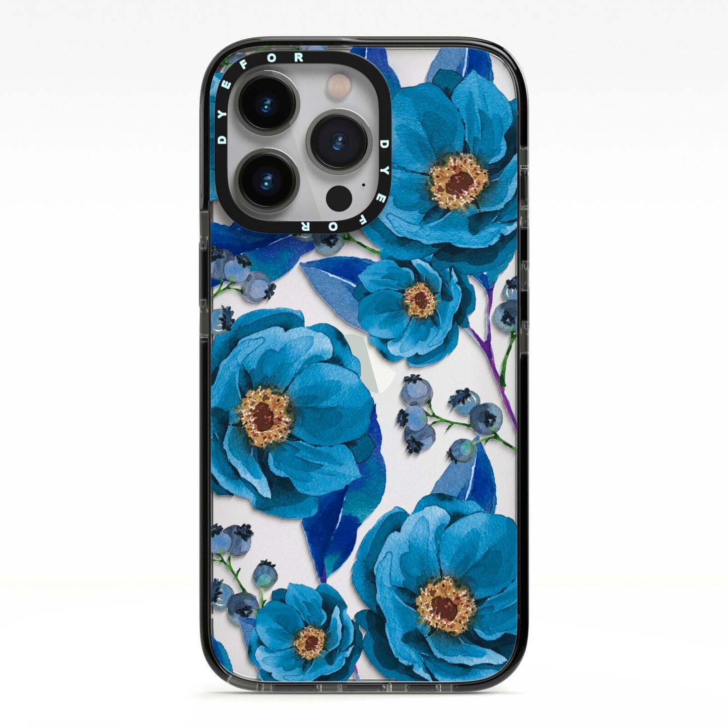 Blue Peonies iPhone 13 Pro Black Impact Case on Silver phone