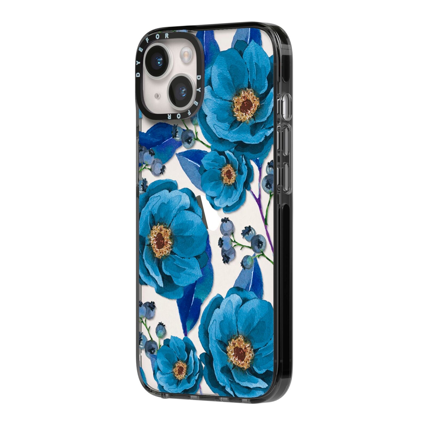 Blue Peonies iPhone 14 Black Impact Case Side Angle on Silver phone