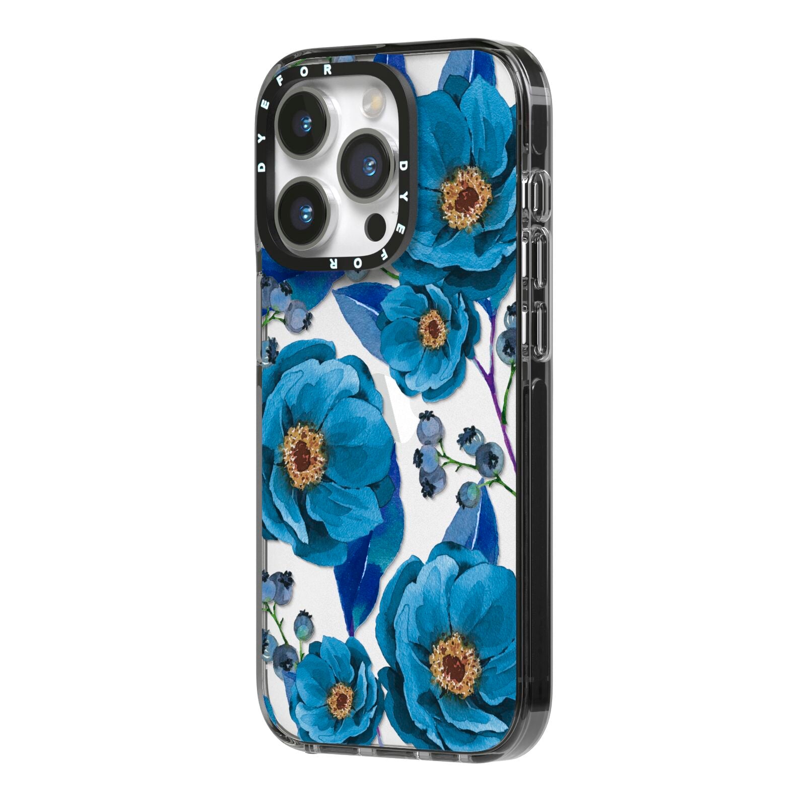 Blue Peonies iPhone 14 Pro Black Impact Case Side Angle on Silver phone