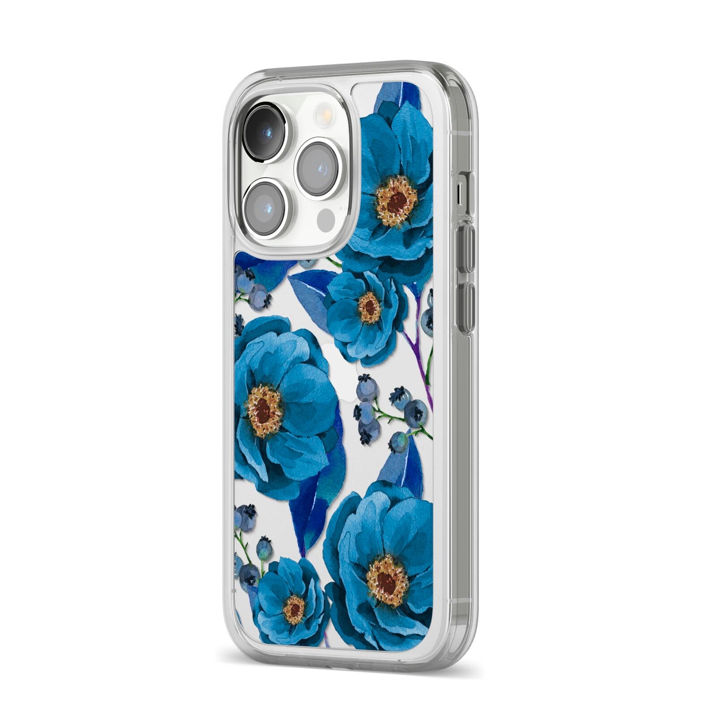 Blue Peonies iPhone 14 Pro Clear Tough Case Silver Angled Image