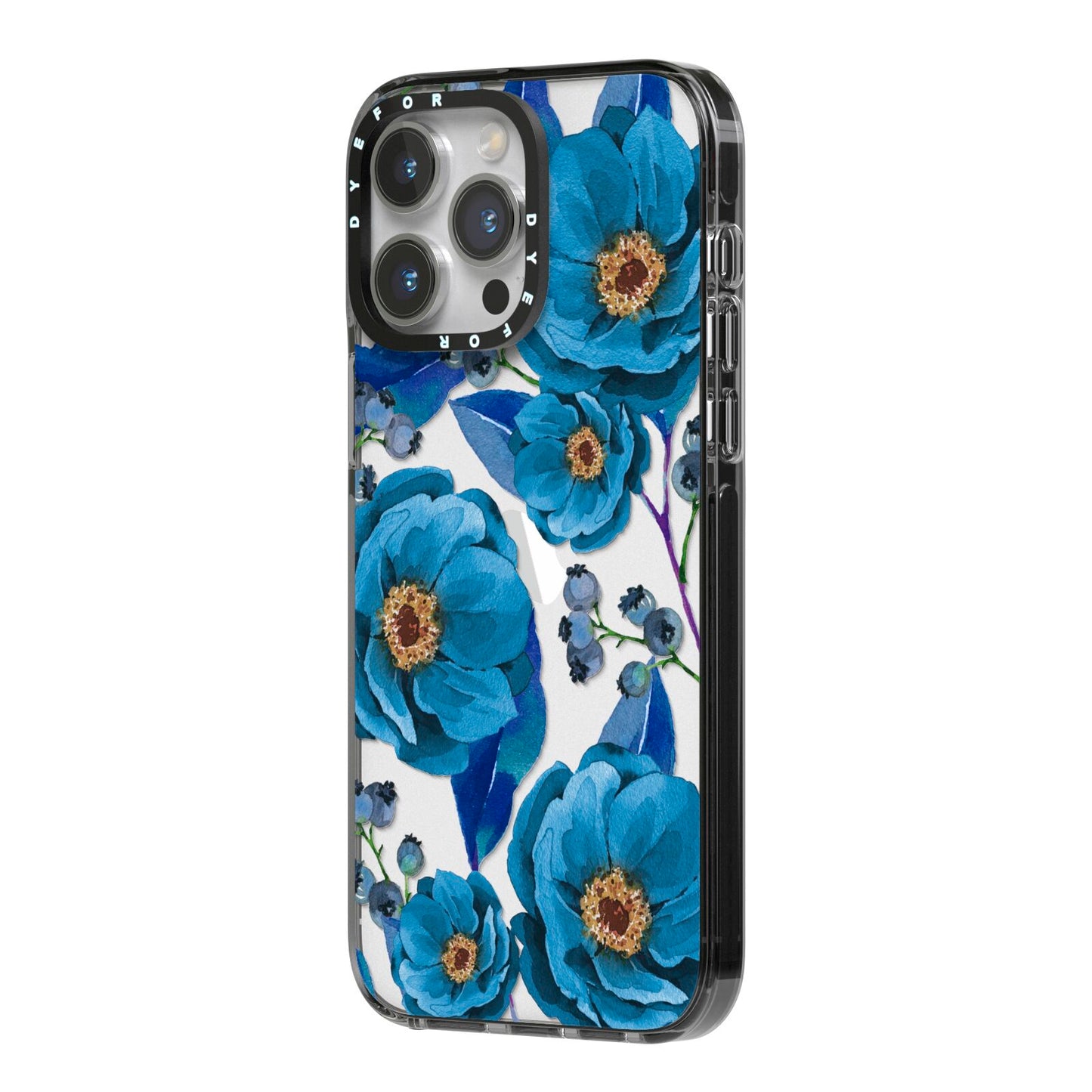 Blue Peonies iPhone 14 Pro Max Black Impact Case Side Angle on Silver phone