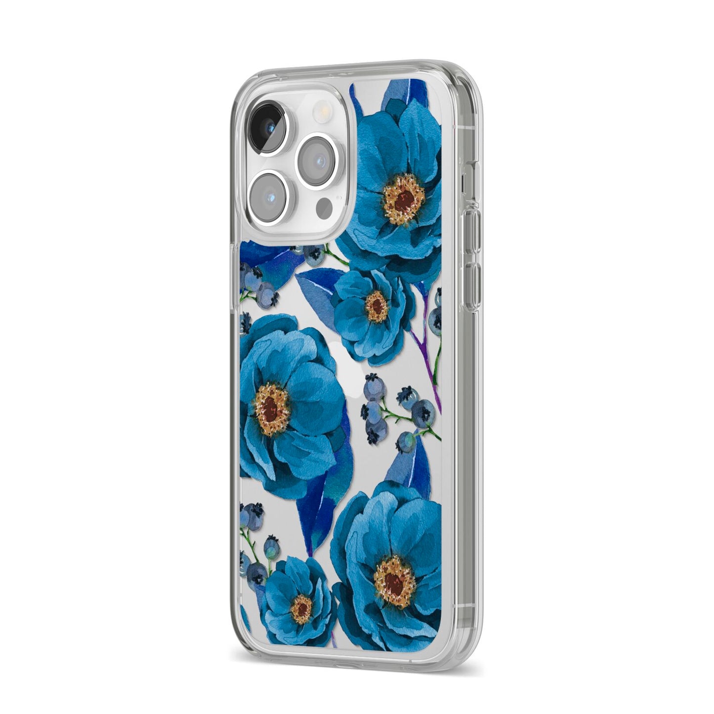 Blue Peonies iPhone 14 Pro Max Clear Tough Case Silver Angled Image