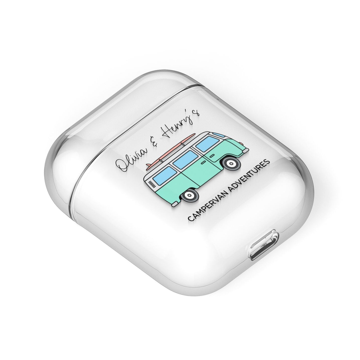 Blue Personalised Campervan Adventures AirPods Case Laid Flat