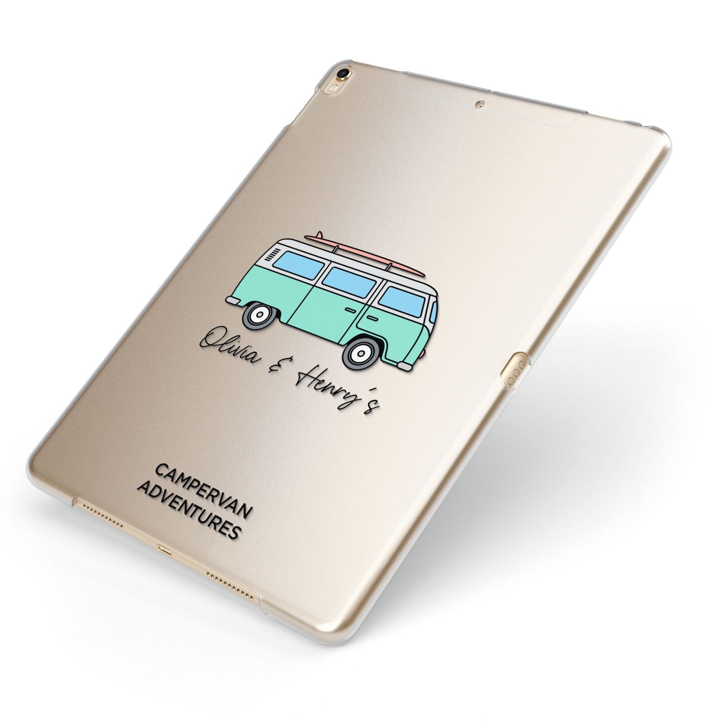 Blue Personalised Campervan Adventures Apple iPad Case on Gold iPad Side View