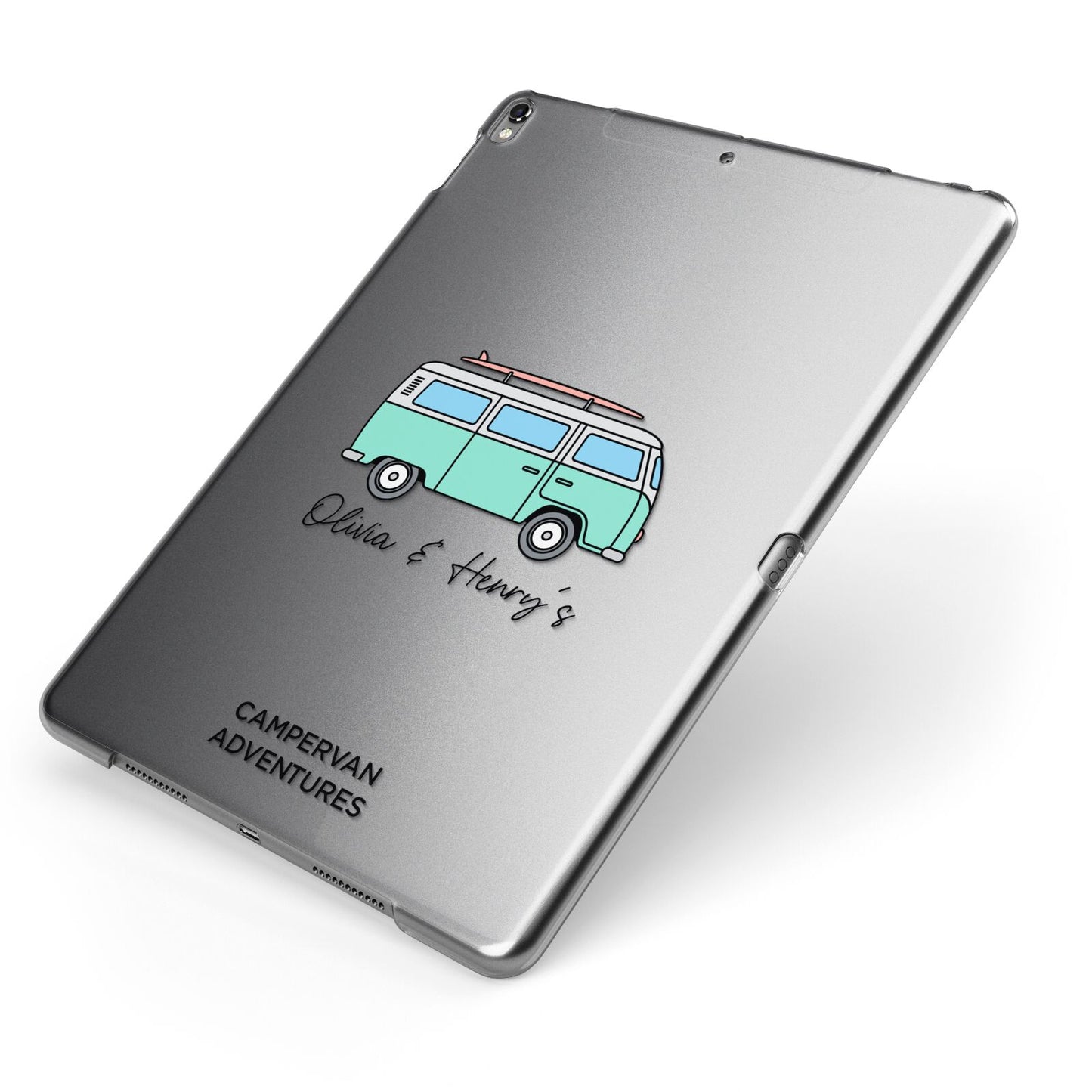 Blue Personalised Campervan Adventures Apple iPad Case on Grey iPad Side View