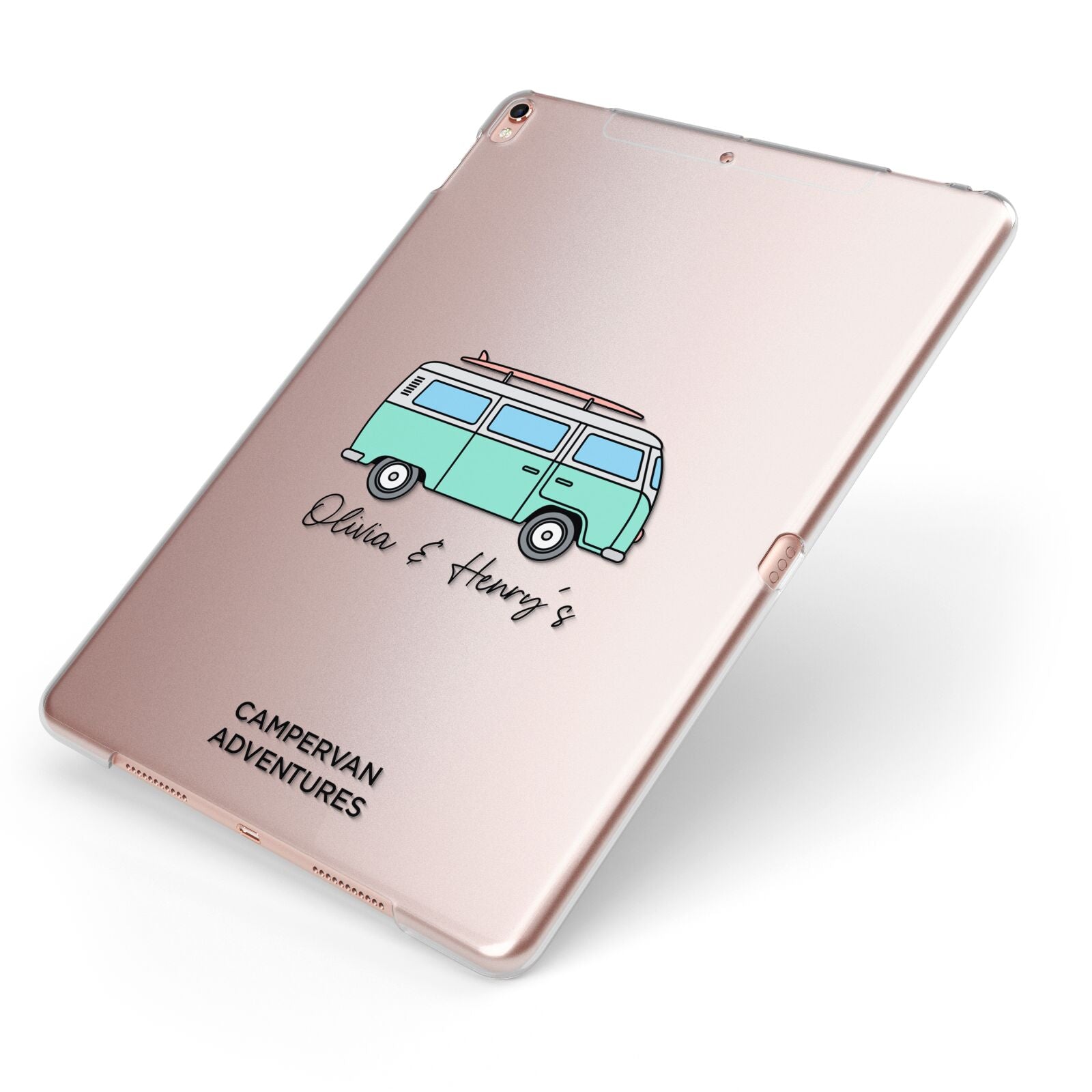 Blue Personalised Campervan Adventures Apple iPad Case on Rose Gold iPad Side View