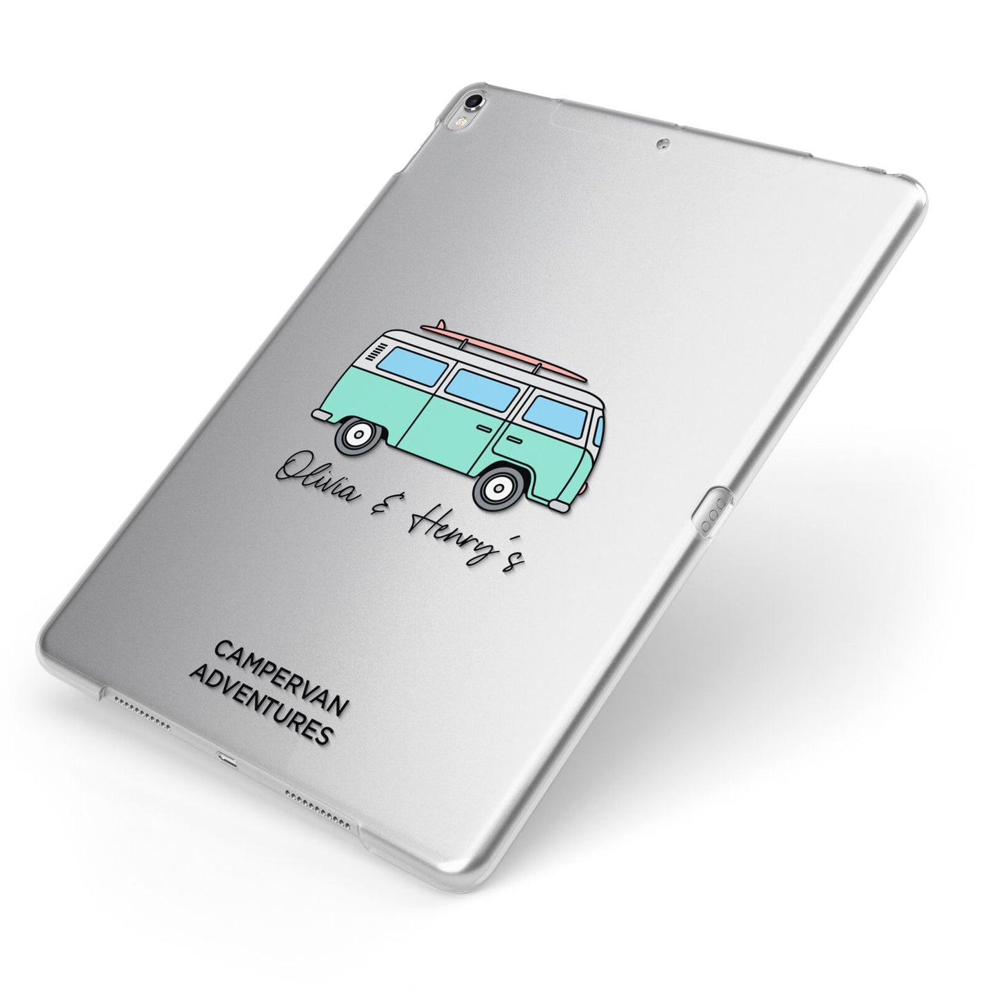 Blue Personalised Campervan Adventures Apple iPad Case on Silver iPad Side View