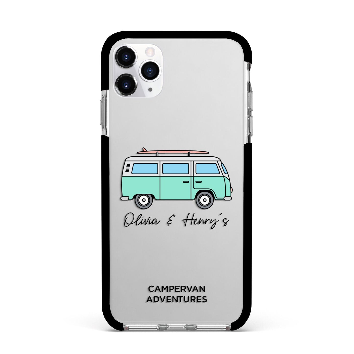 Blue Personalised Campervan Adventures Apple iPhone 11 Pro Max in Silver with Black Impact Case