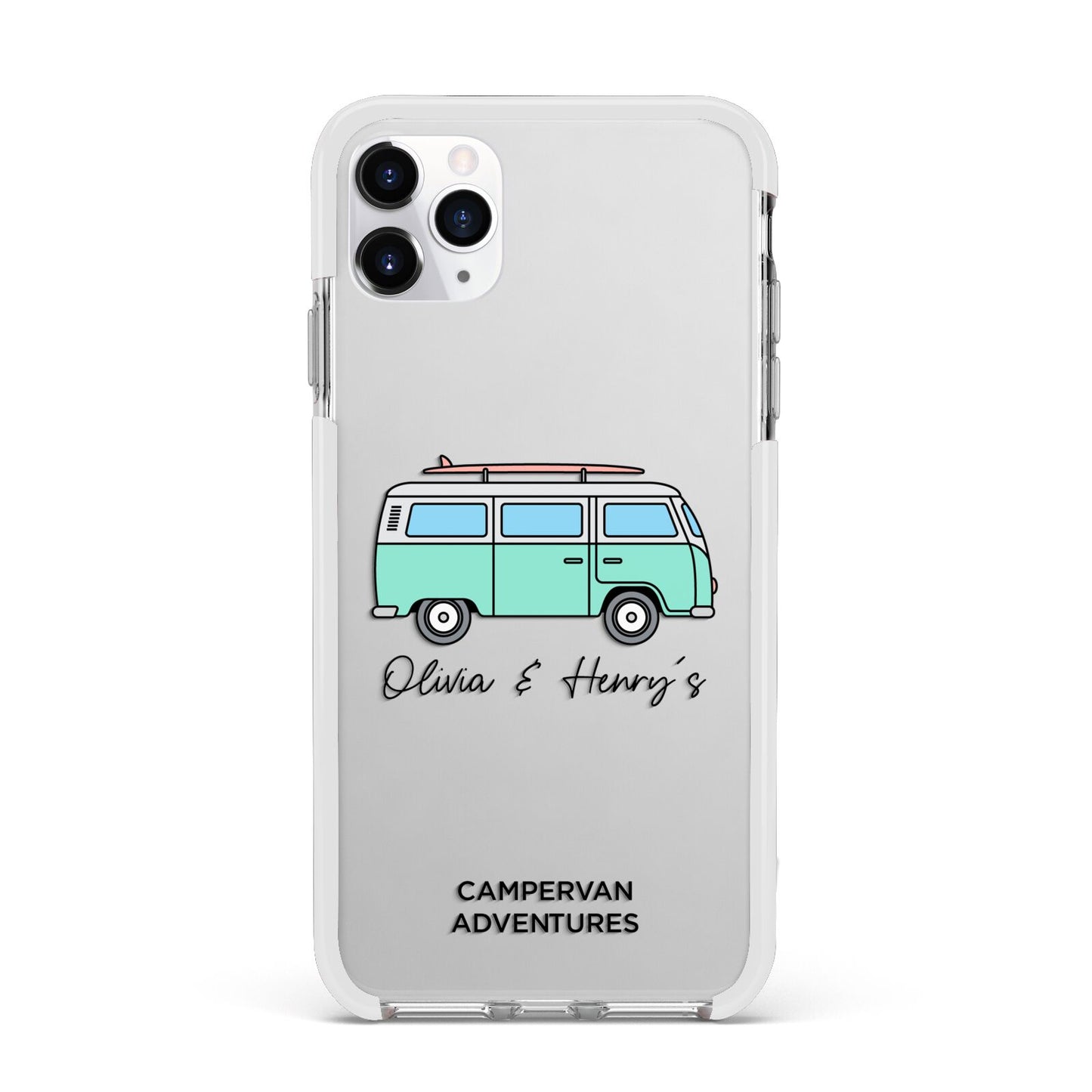 Blue Personalised Campervan Adventures Apple iPhone 11 Pro Max in Silver with White Impact Case