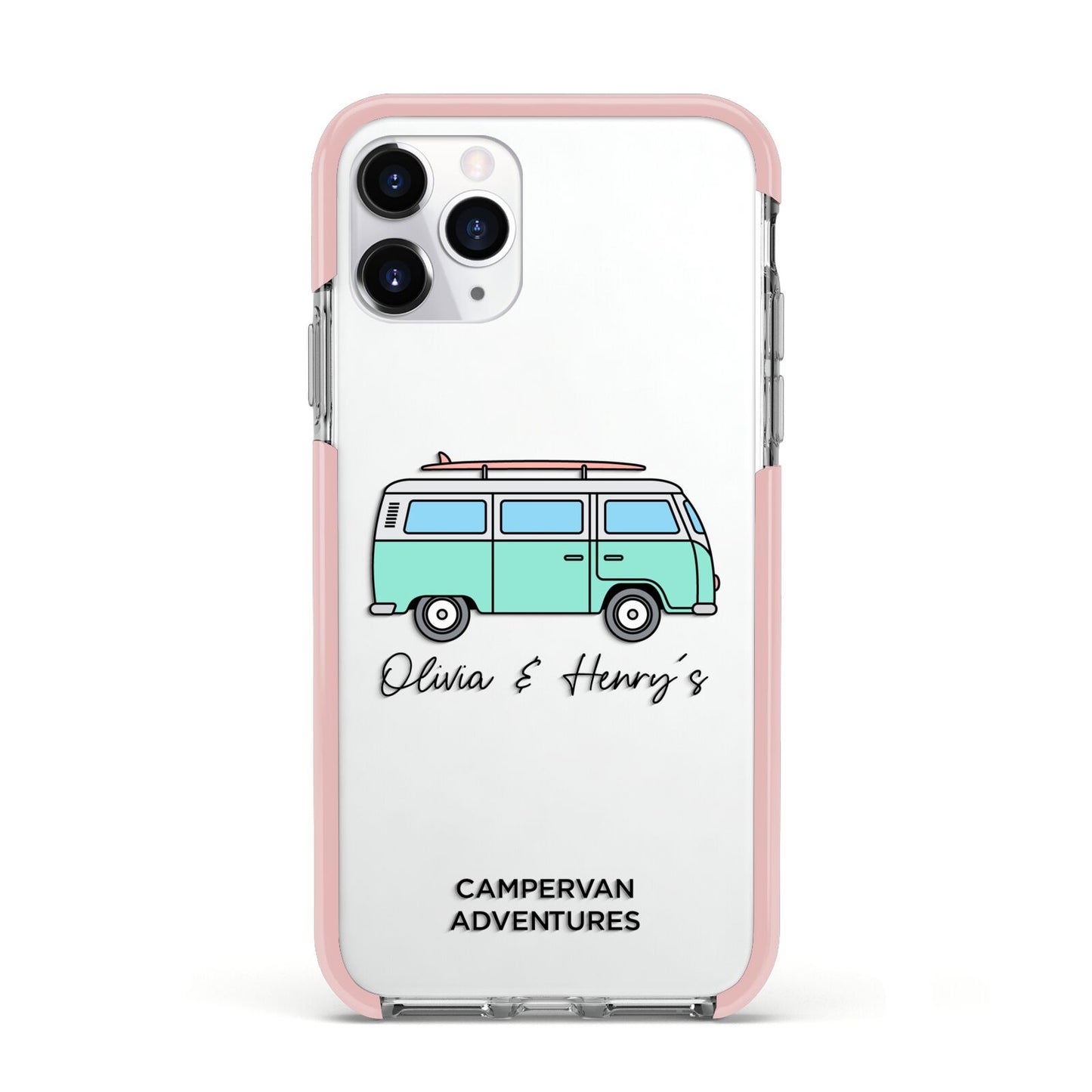 Blue Personalised Campervan Adventures Apple iPhone 11 Pro in Silver with Pink Impact Case