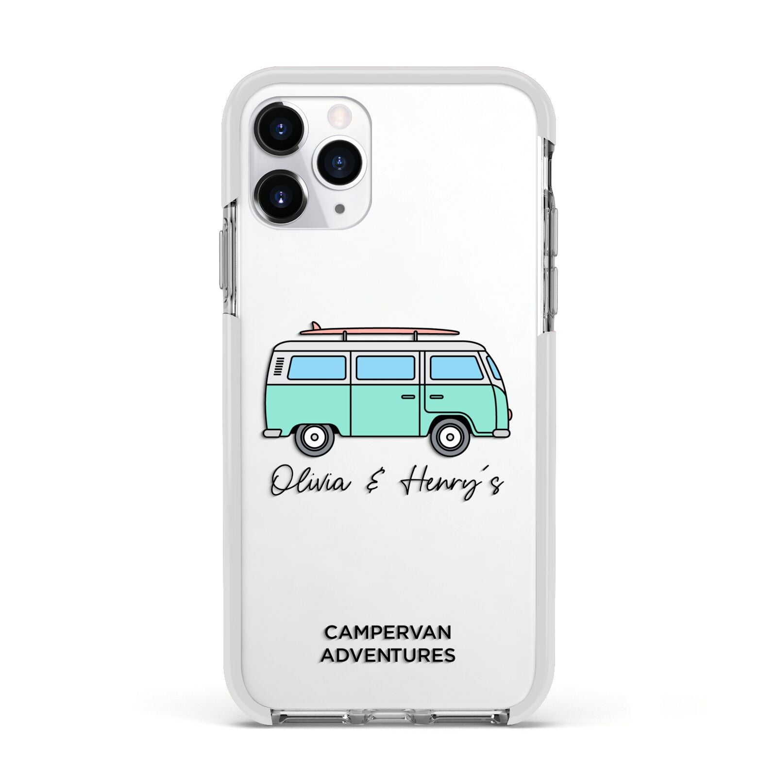 Blue Personalised Campervan Adventures Apple iPhone 11 Pro in Silver with White Impact Case