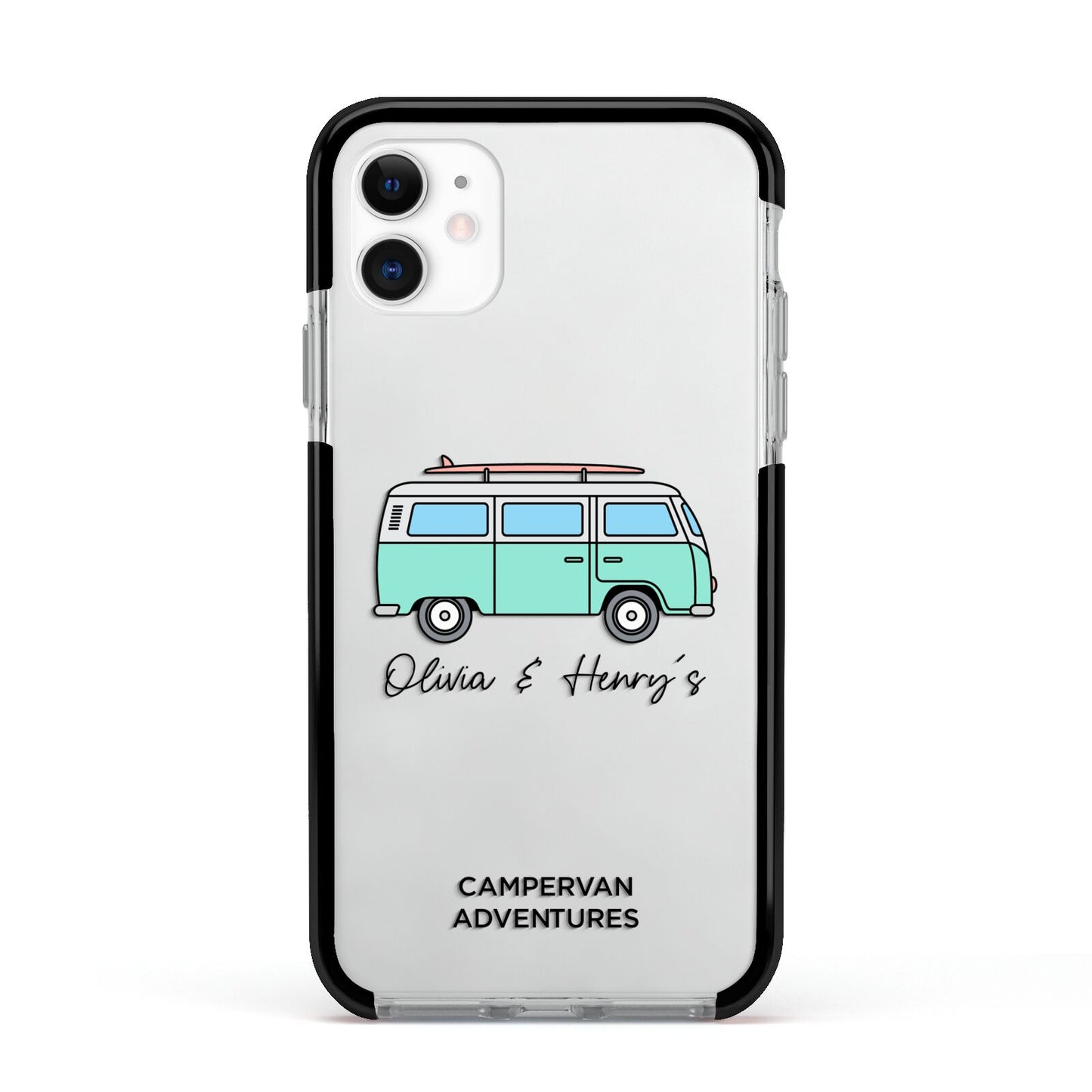 Blue Personalised Campervan Adventures Apple iPhone 11 in White with Black Impact Case