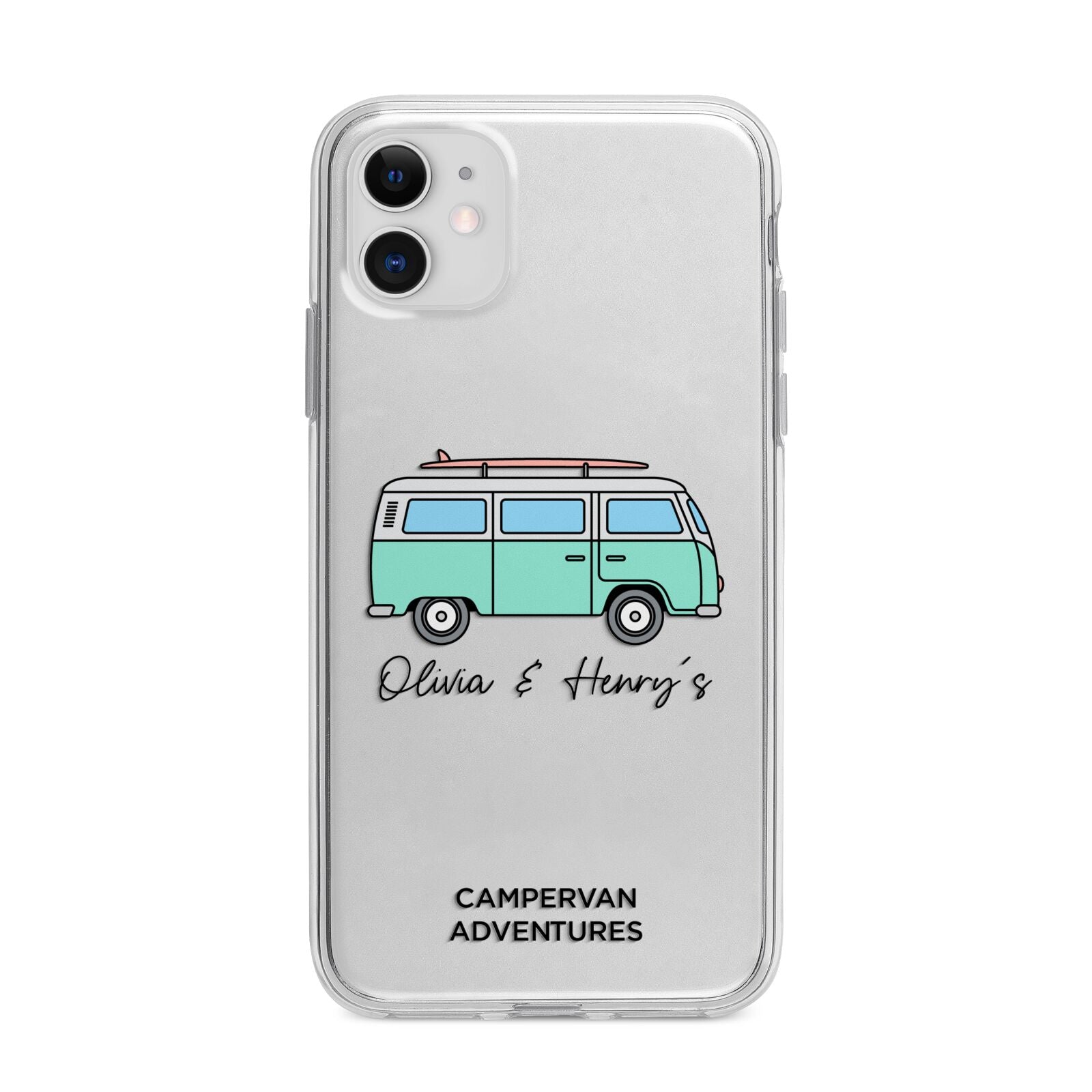 Blue Personalised Campervan Adventures Apple iPhone 11 in White with Bumper Case