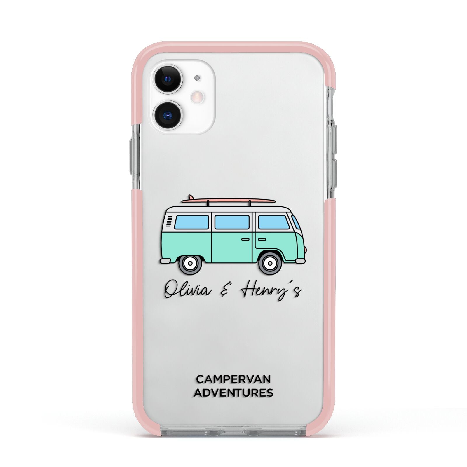 Blue Personalised Campervan Adventures Apple iPhone 11 in White with Pink Impact Case