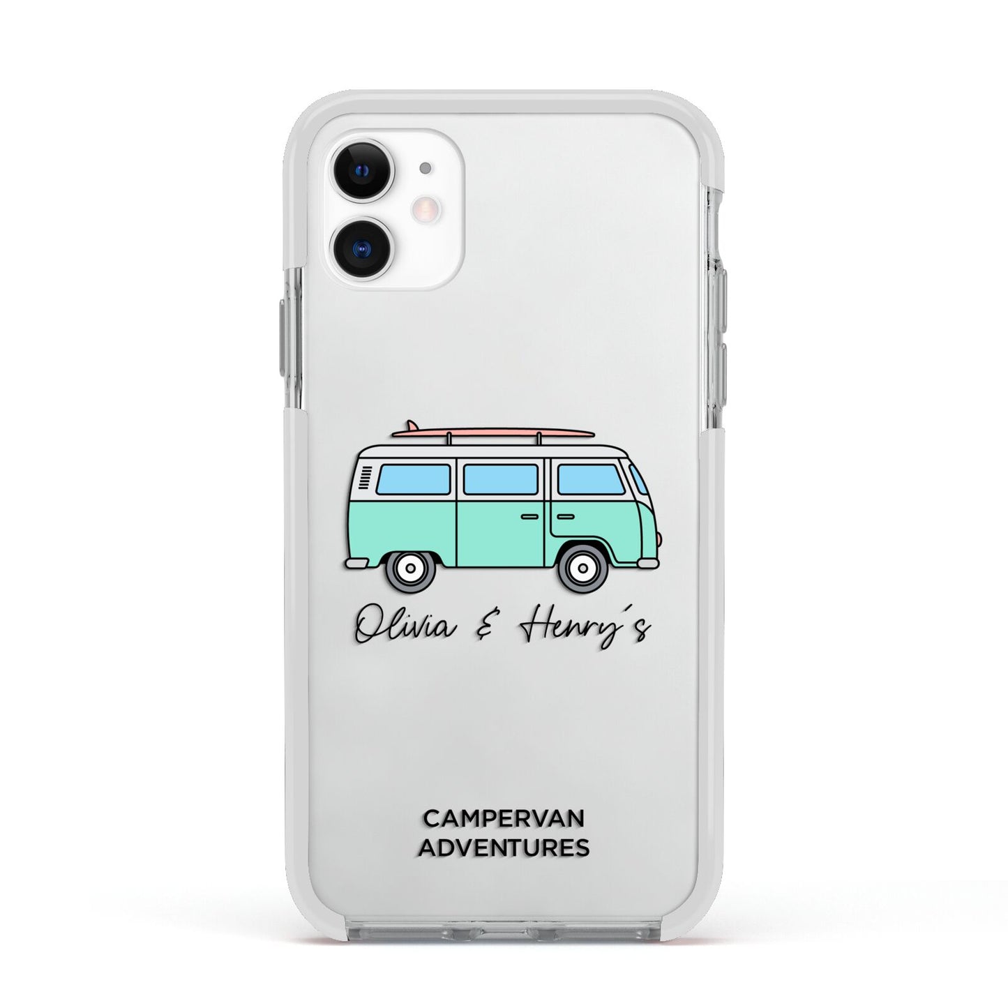 Blue Personalised Campervan Adventures Apple iPhone 11 in White with White Impact Case