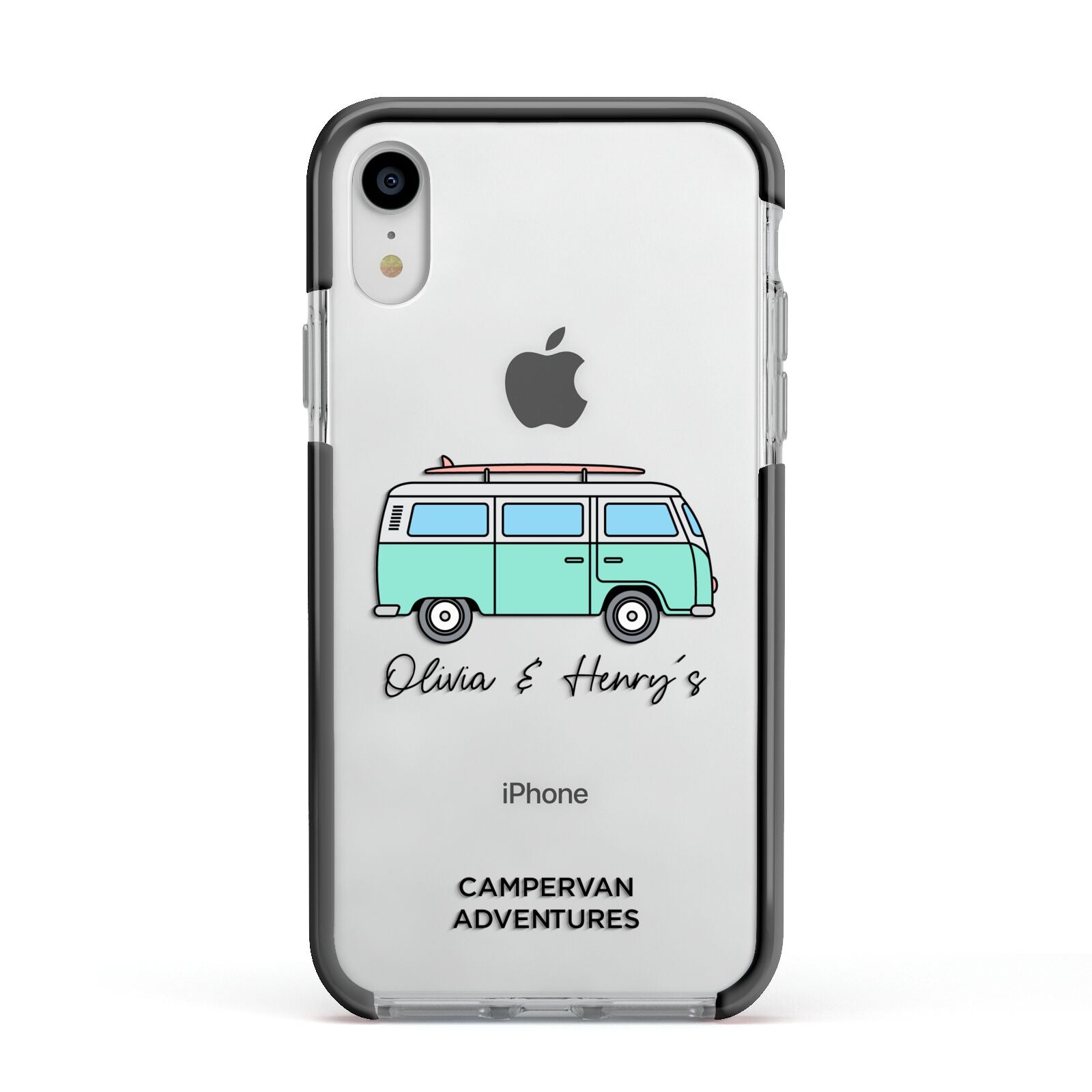 Blue Personalised Campervan Adventures Apple iPhone XR Impact Case Black Edge on Silver Phone