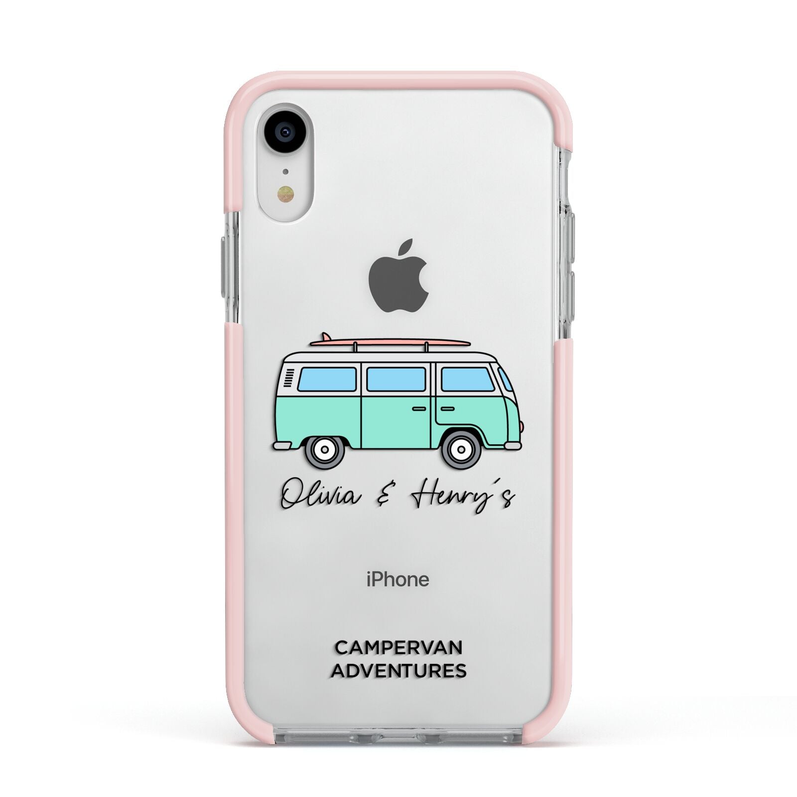 Blue Personalised Campervan Adventures Apple iPhone XR Impact Case Pink Edge on Silver Phone