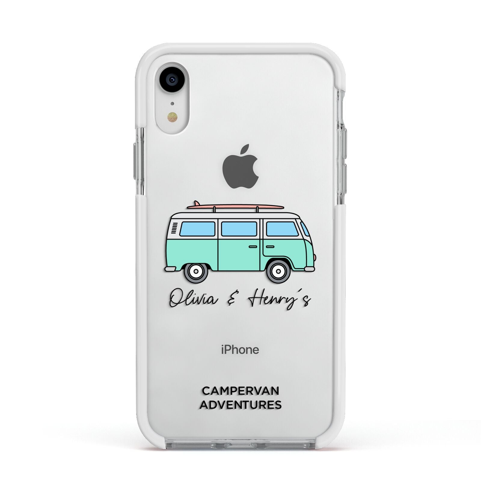 Blue Personalised Campervan Adventures Apple iPhone XR Impact Case White Edge on Silver Phone