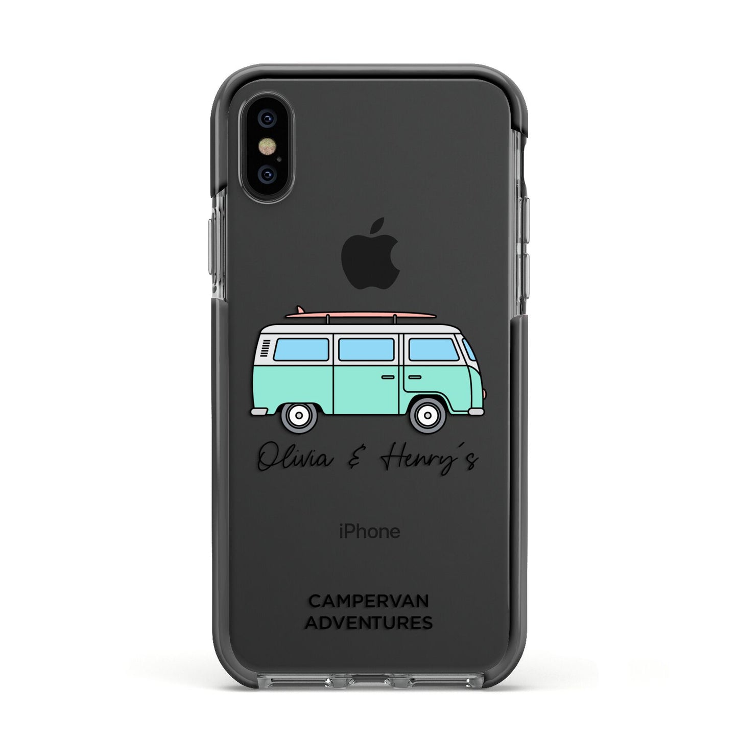 Blue Personalised Campervan Adventures Apple iPhone Xs Impact Case Black Edge on Black Phone