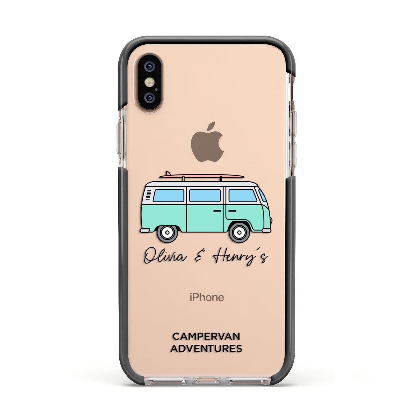 Blue Personalised Campervan Adventures Apple iPhone Xs Impact Case Black Edge on Gold Phone