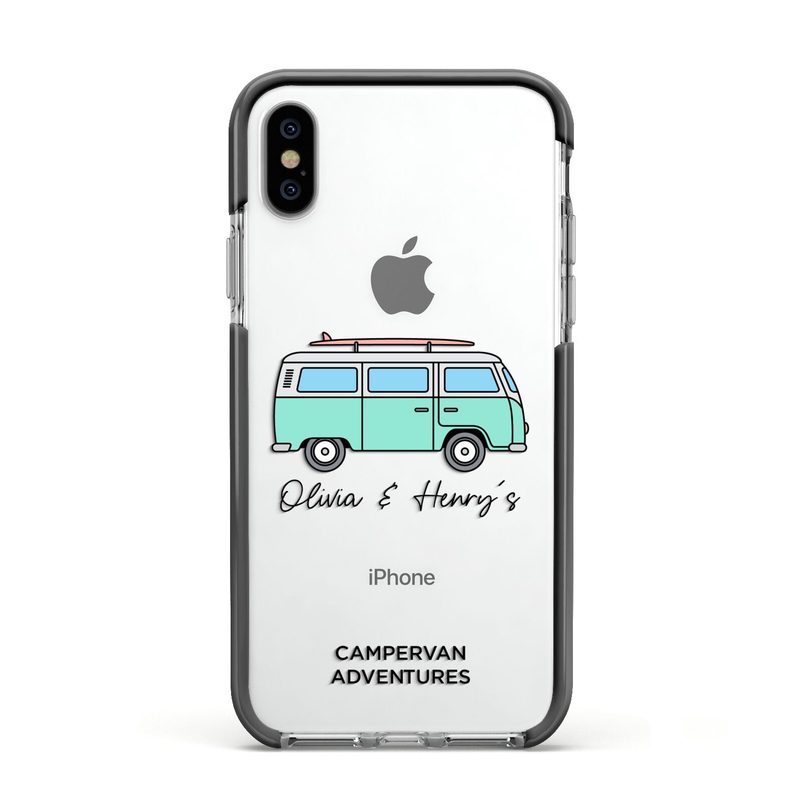 Blue Personalised Campervan Adventures Apple iPhone Xs Impact Case Black Edge on Silver Phone