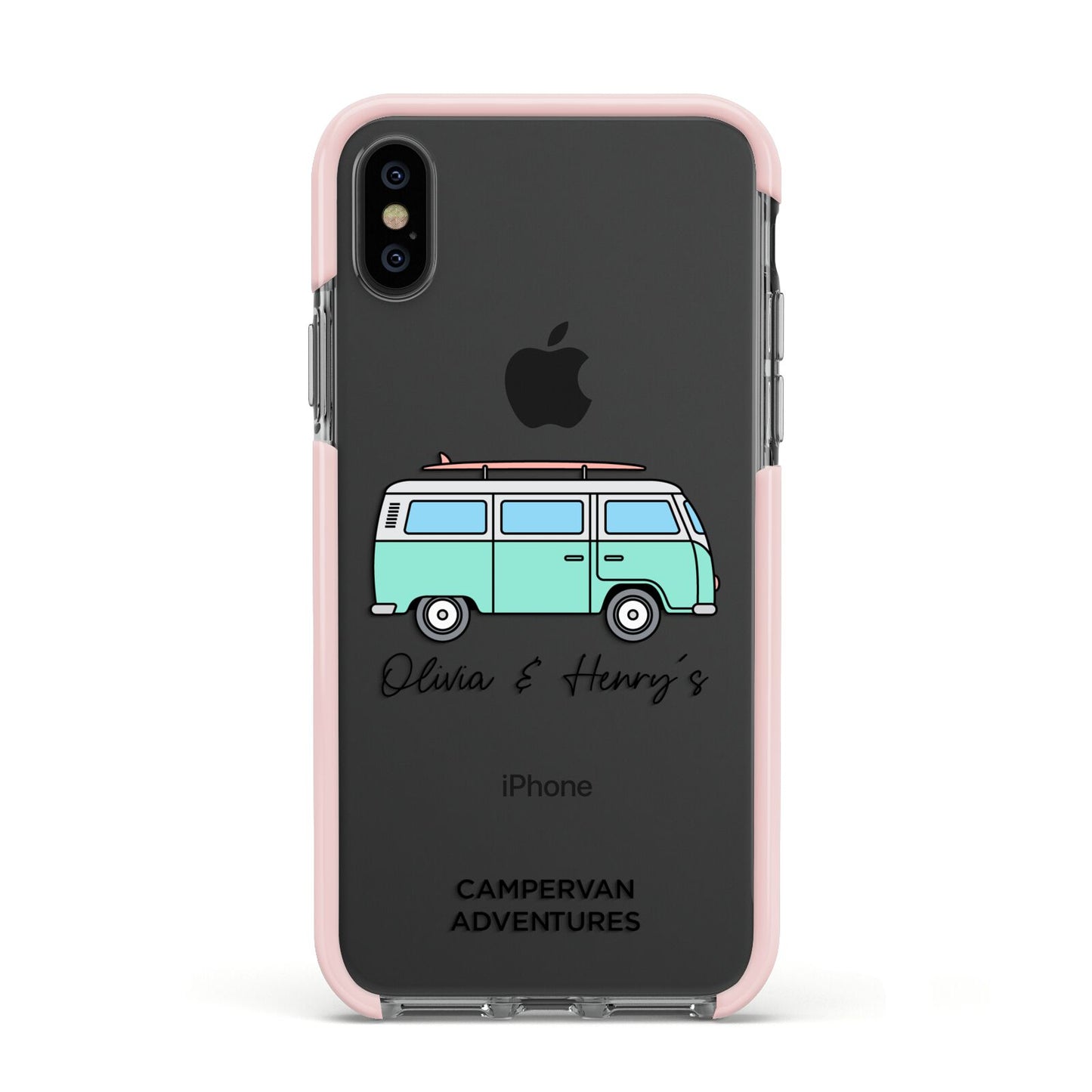 Blue Personalised Campervan Adventures Apple iPhone Xs Impact Case Pink Edge on Black Phone