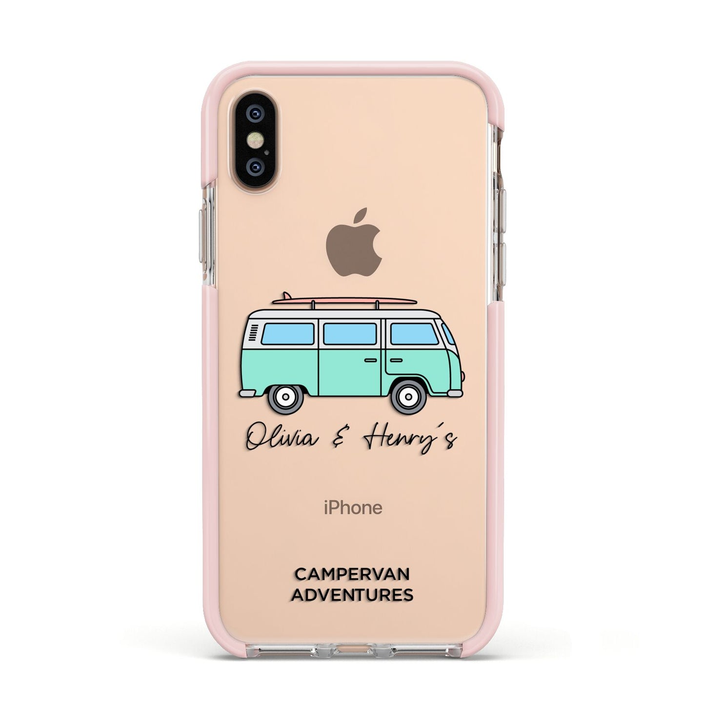 Blue Personalised Campervan Adventures Apple iPhone Xs Impact Case Pink Edge on Gold Phone