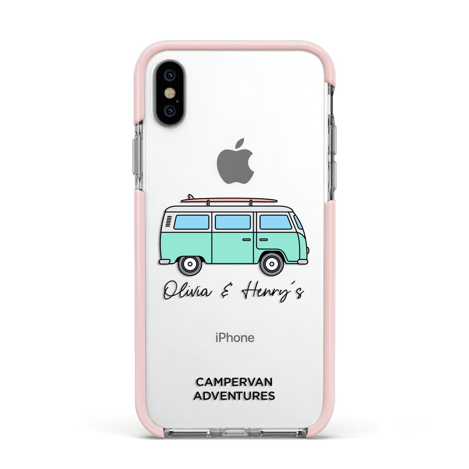 Blue Personalised Campervan Adventures Apple iPhone Xs Impact Case Pink Edge on Silver Phone