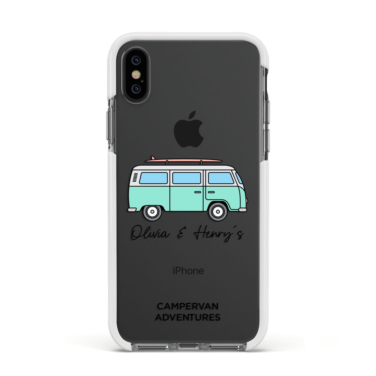 Blue Personalised Campervan Adventures Apple iPhone Xs Impact Case White Edge on Black Phone