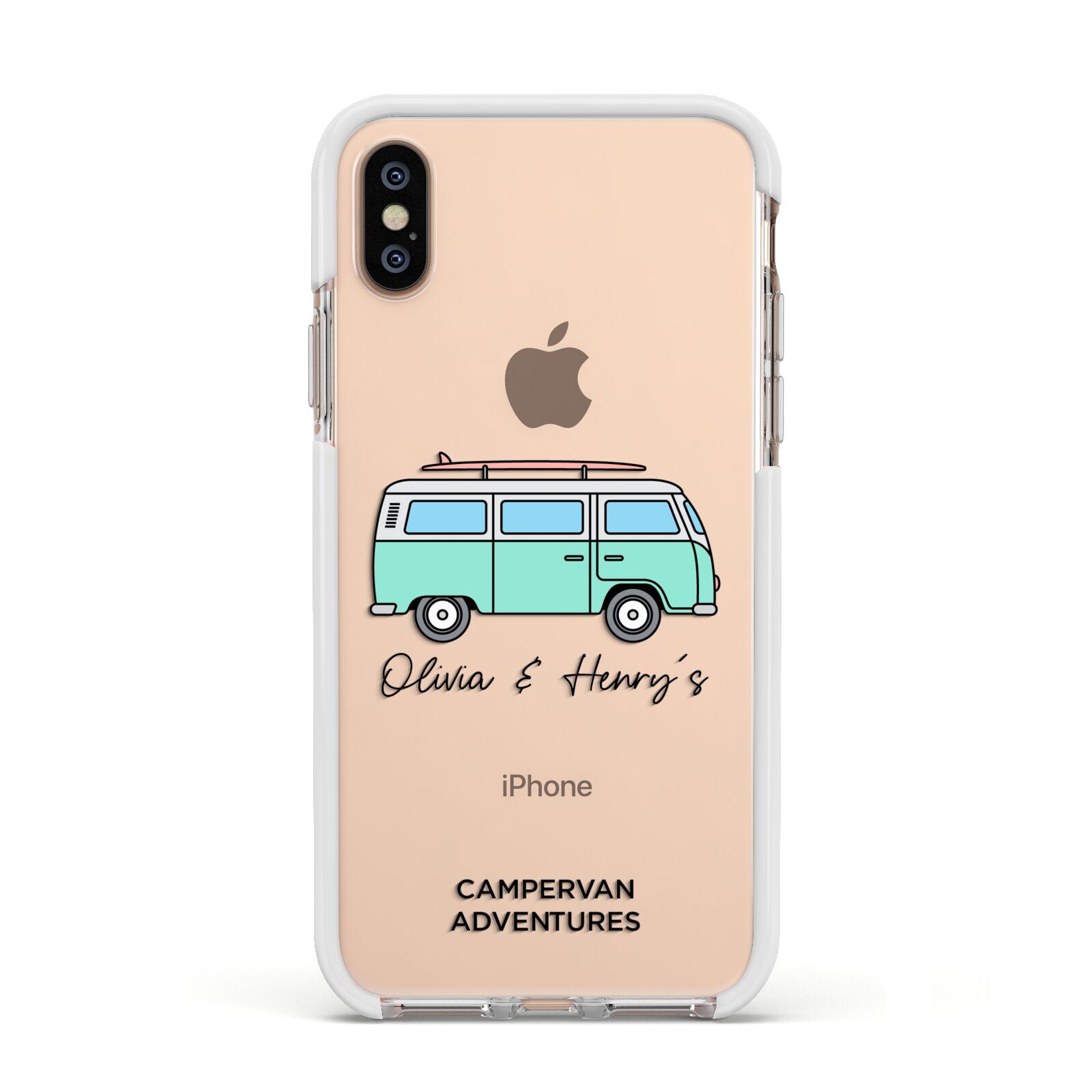 Blue Personalised Campervan Adventures Apple iPhone Xs Impact Case White Edge on Gold Phone