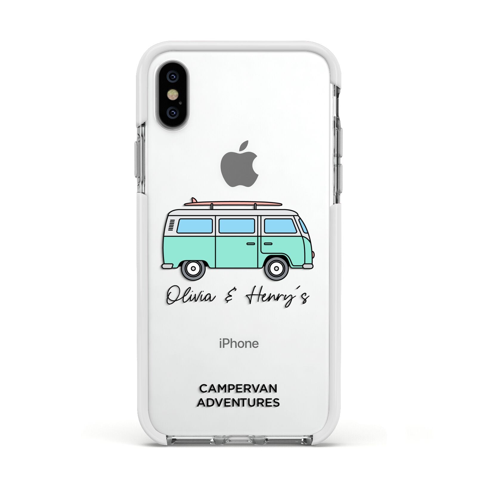 Blue Personalised Campervan Adventures Apple iPhone Xs Impact Case White Edge on Silver Phone