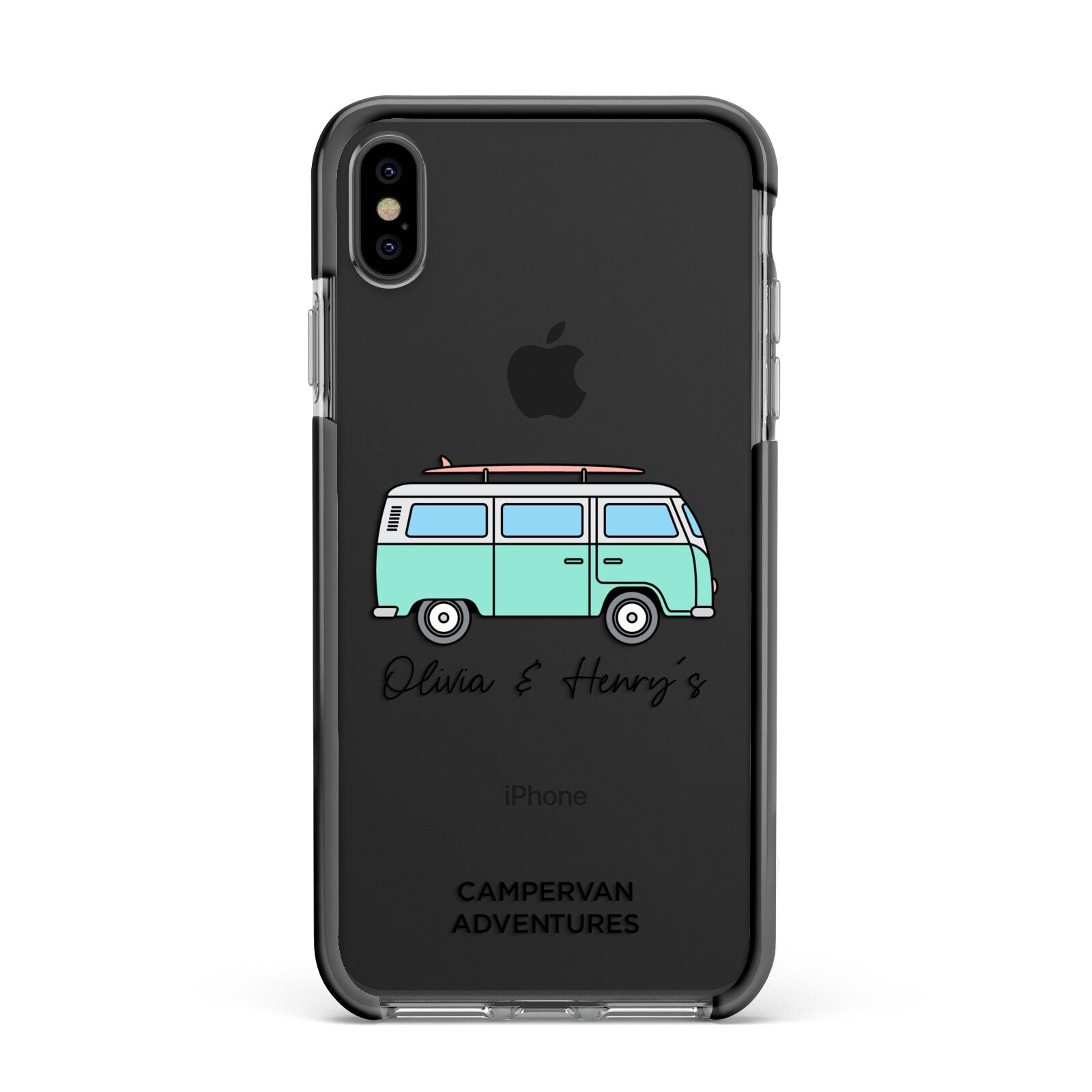 Blue Personalised Campervan Adventures Apple iPhone Xs Max Impact Case Black Edge on Black Phone