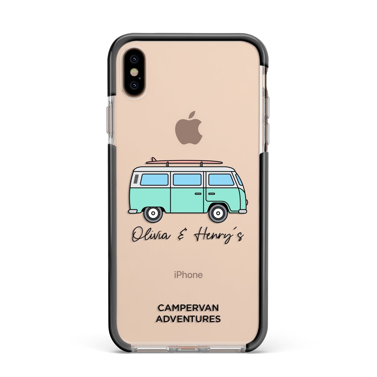 Blue Personalised Campervan Adventures Apple iPhone Xs Max Impact Case Black Edge on Gold Phone